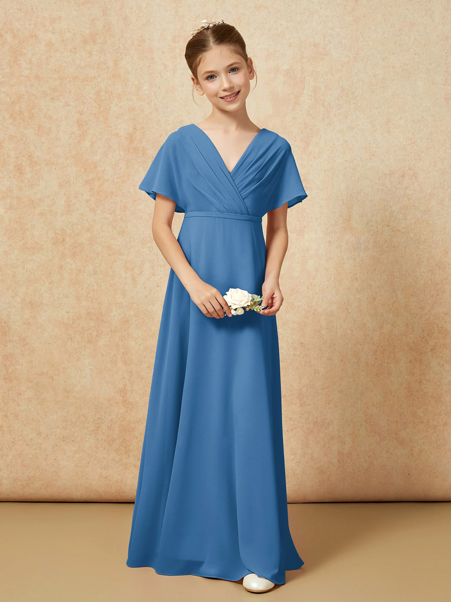 A-Line Flutter Sleeves Chiffon Junior Bridesmaid Dresses Ink Blue - Image 4