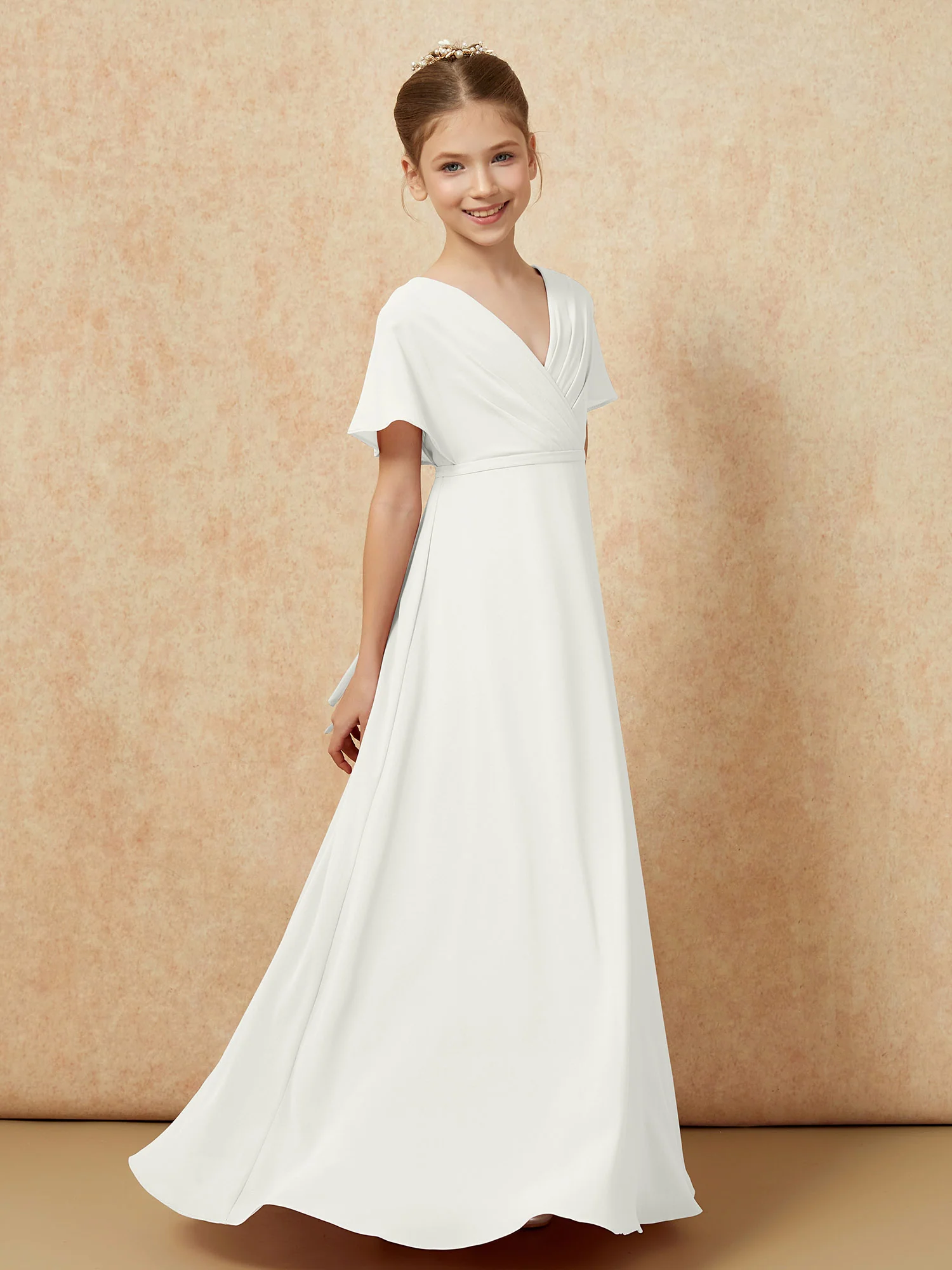A-Line Flutter Sleeves Chiffon Junior Bridesmaid Dresses Ivory - Image 3