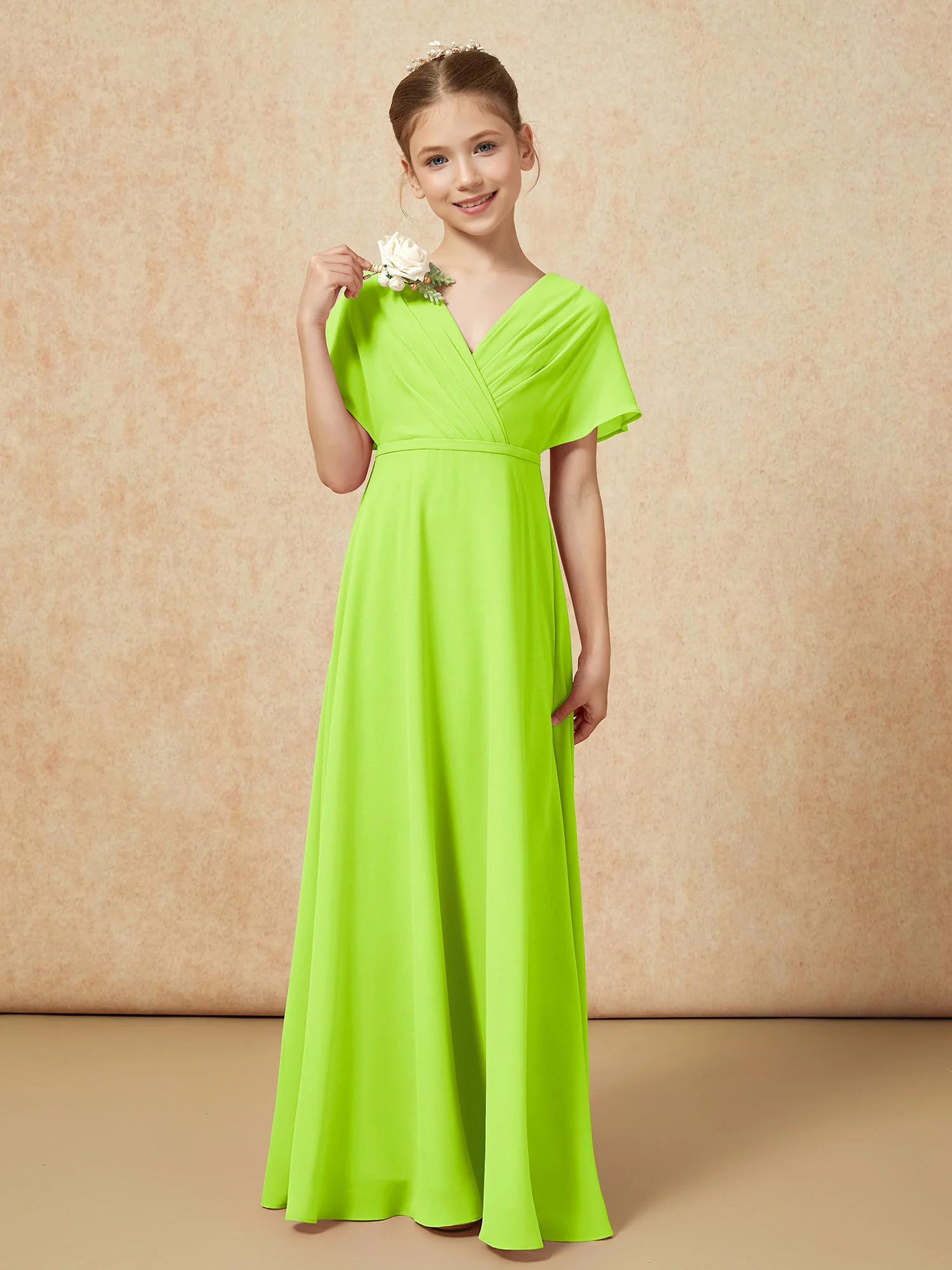 A-Line Flutter Sleeves Chiffon Junior Bridesmaid Dresses Lime Green