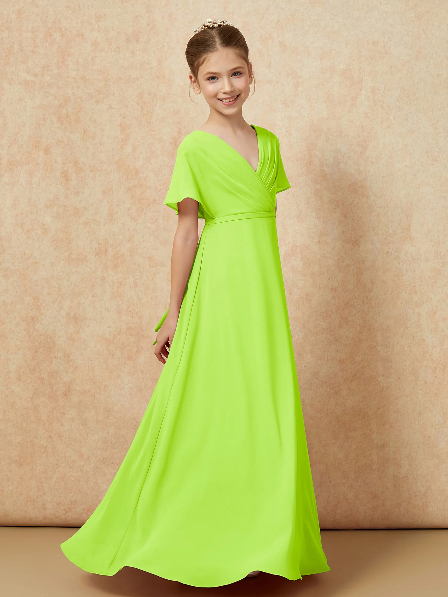 A-Line Flutter Sleeves Chiffon Junior Bridesmaid Dresses Lime Green - Image 3