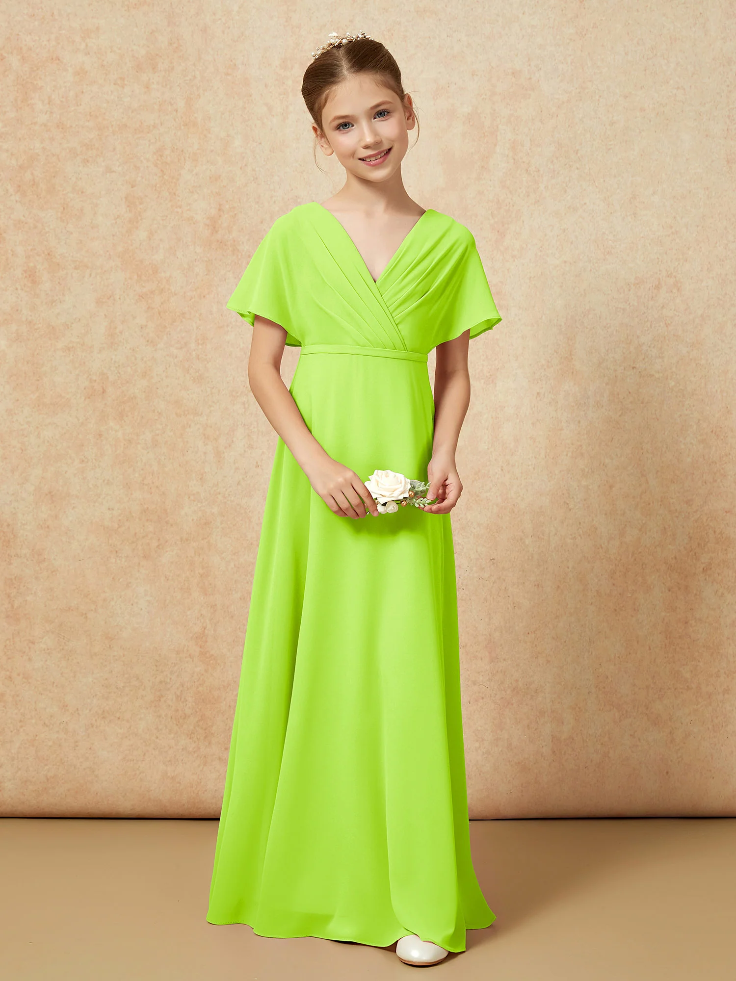 A-Line Flutter Sleeves Chiffon Junior Bridesmaid Dresses Lime Green - Image 4