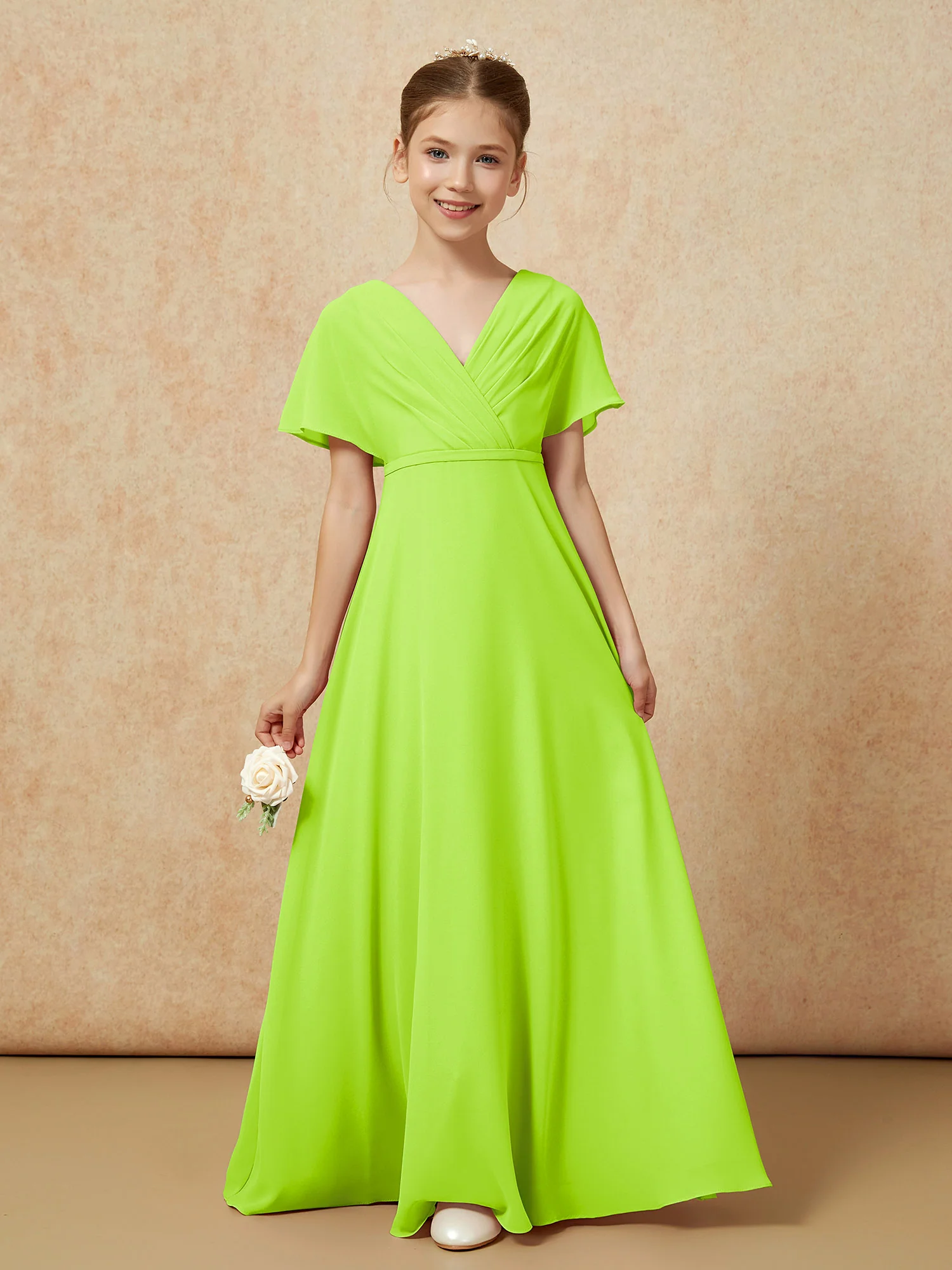 A-Line Flutter Sleeves Chiffon Junior Bridesmaid Dresses Lime Green - Image 5