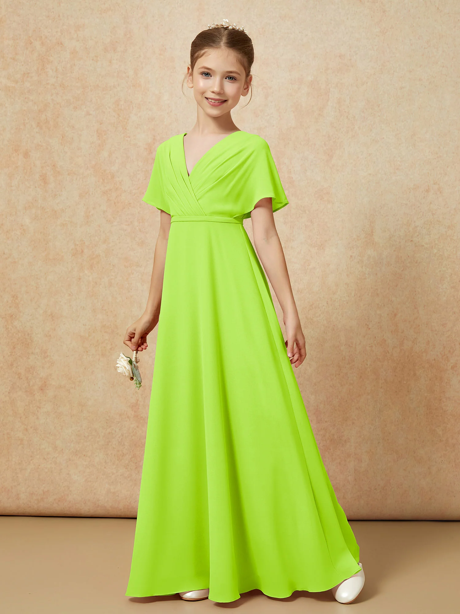 A-Line Flutter Sleeves Chiffon Junior Bridesmaid Dresses Lime Green - Image 6