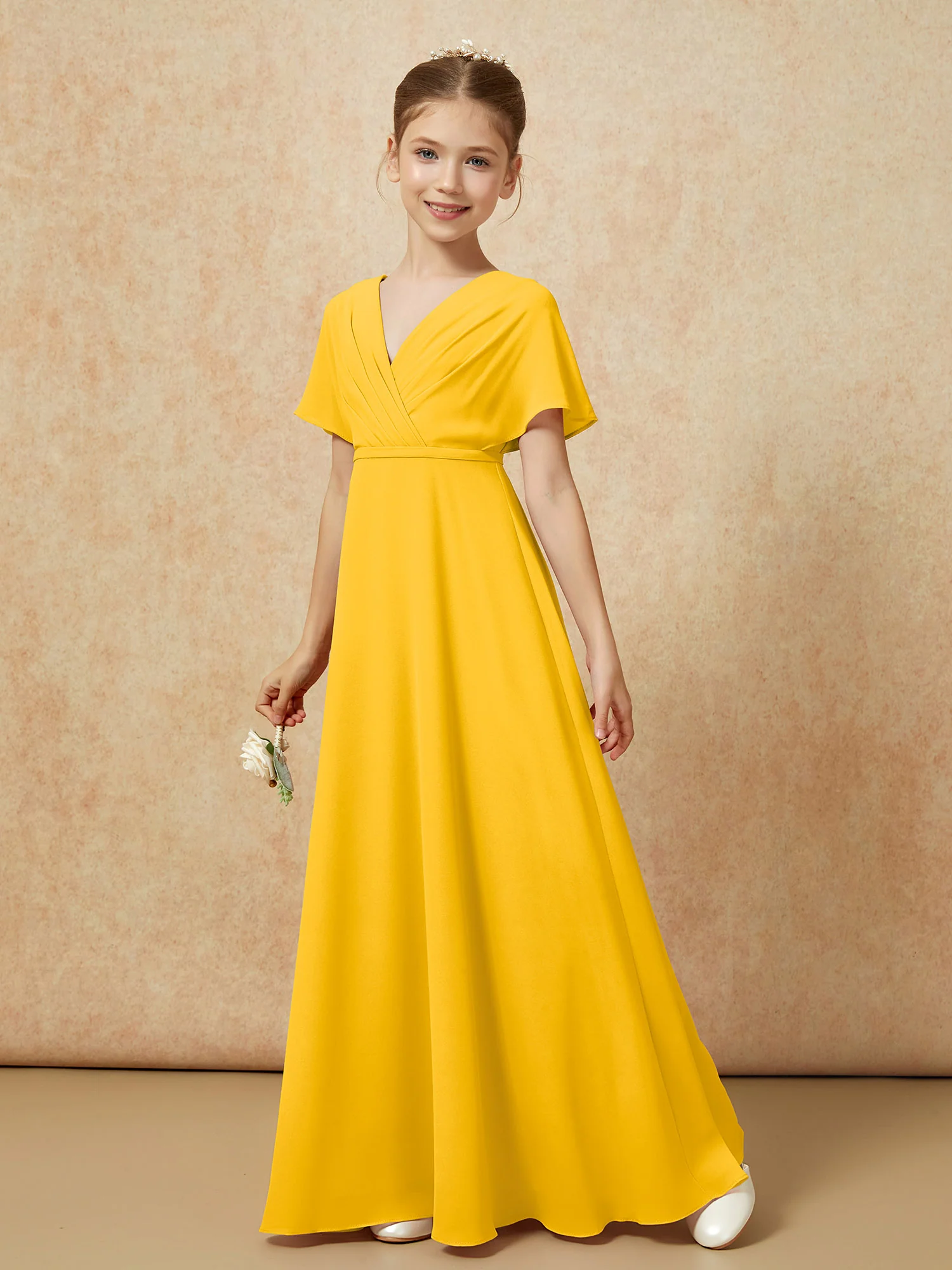 A-Line Flutter Sleeves Chiffon Junior Bridesmaid Dresses Marigold - Image 6