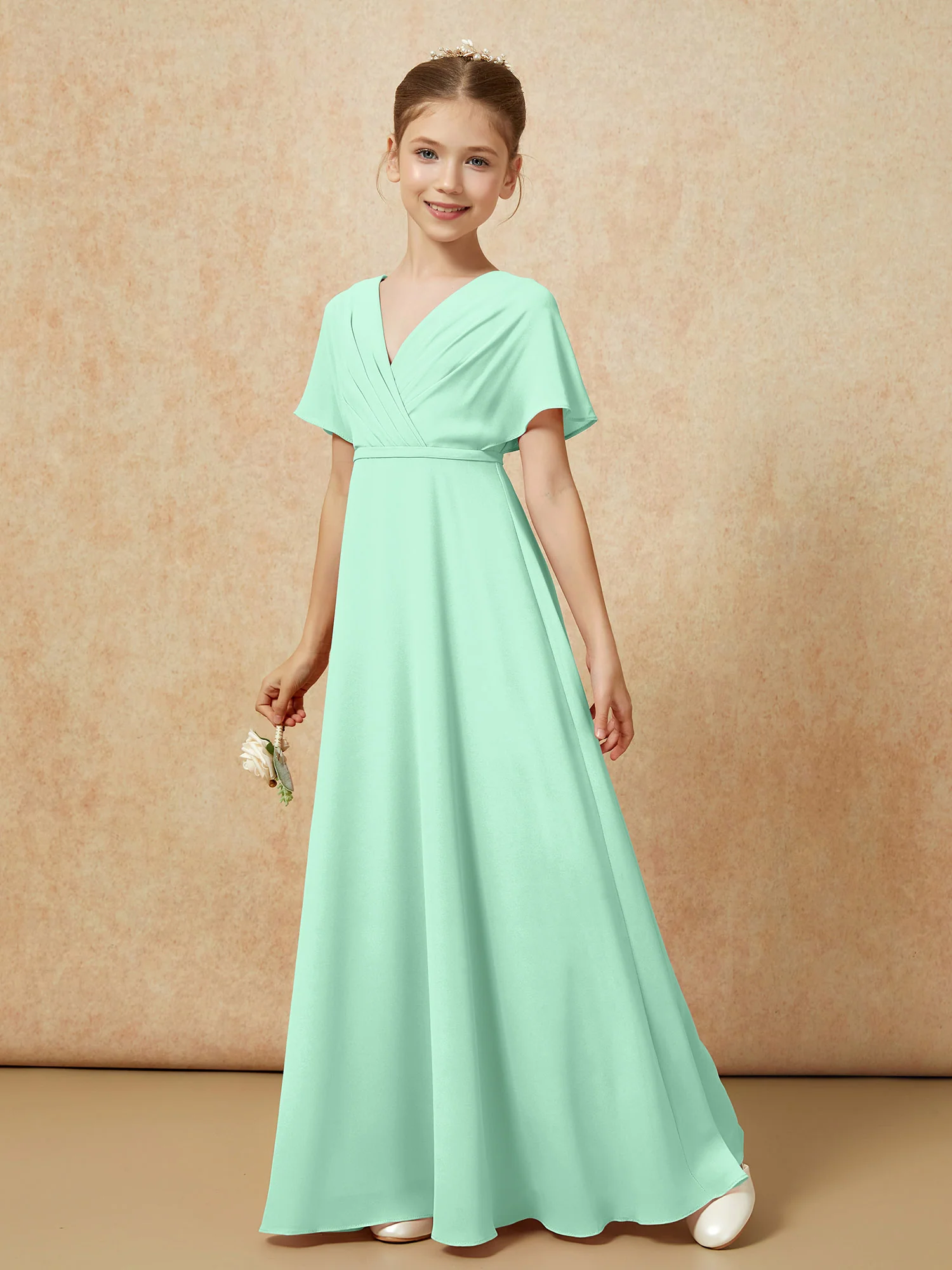 A-Line Flutter Sleeves Chiffon Junior Bridesmaid Dresses Mint Green - Image 6