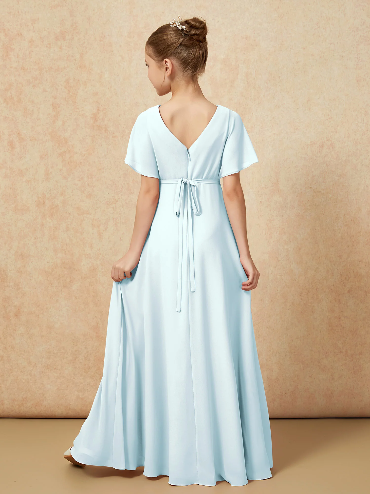 A-Line Flutter Sleeves Chiffon Junior Bridesmaid Dresses Mist - Image 2