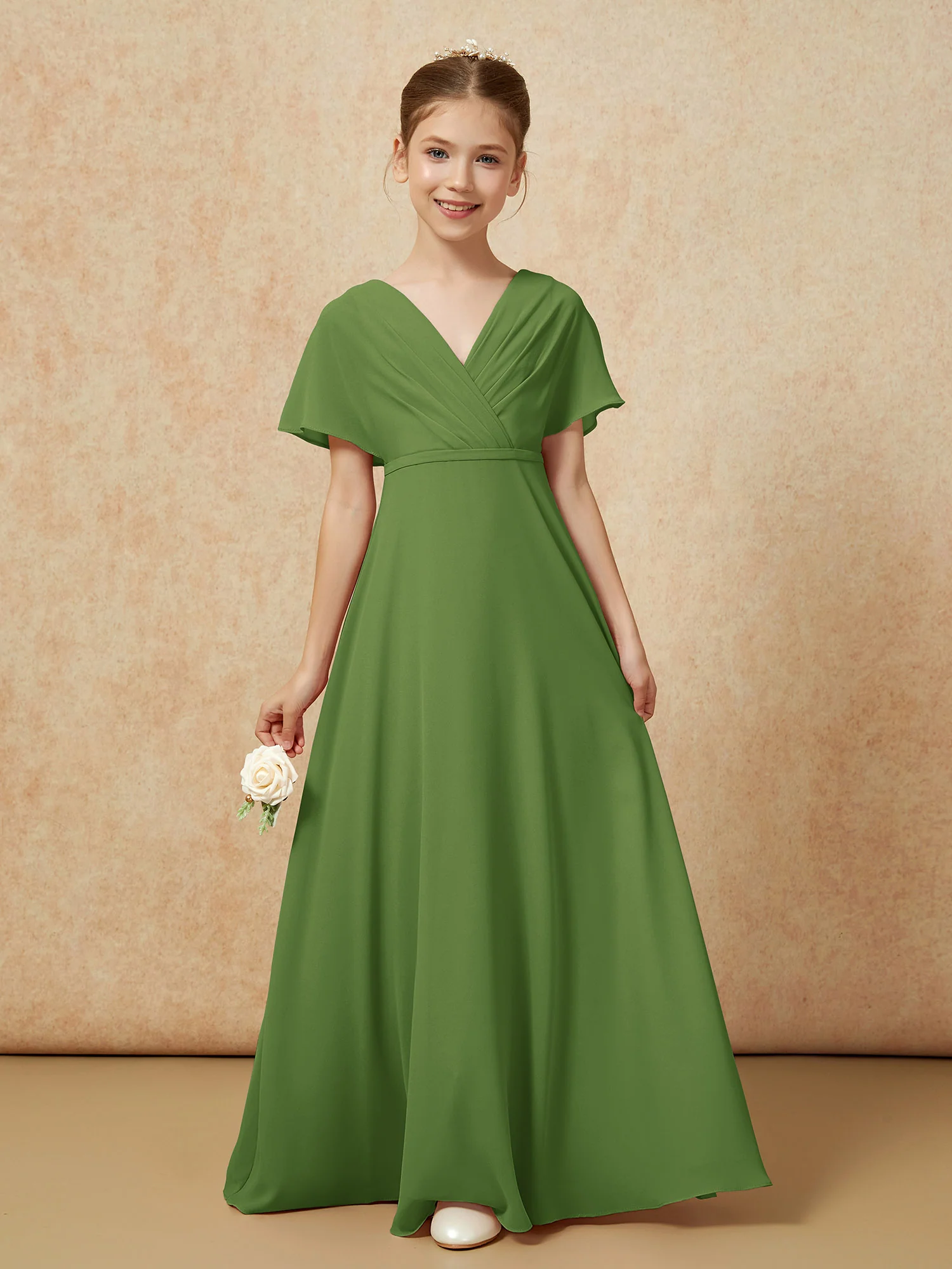 A-Line Flutter Sleeves Chiffon Junior Bridesmaid Dresses Moss - Image 5