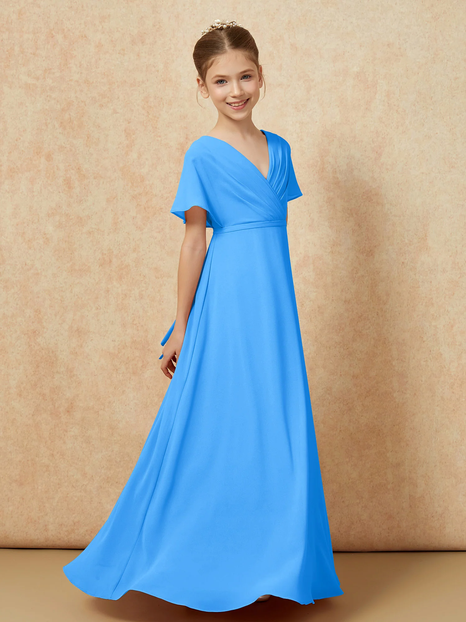 A-Line Flutter Sleeves Chiffon Junior Bridesmaid Dresses Ocean Blue - Image 3