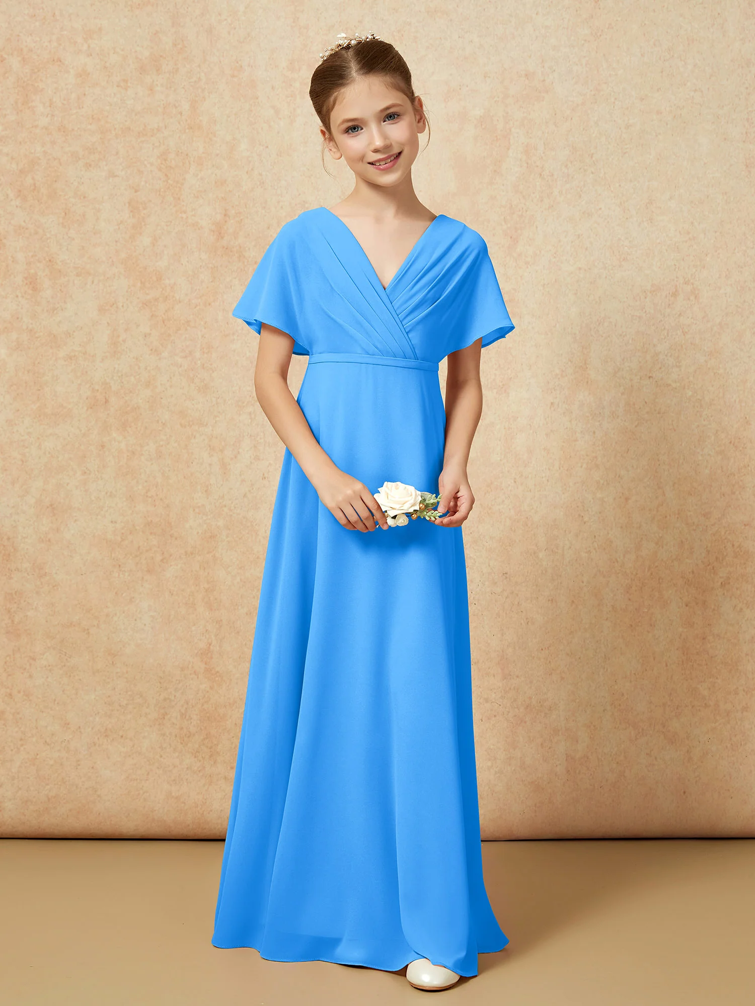 A-Line Flutter Sleeves Chiffon Junior Bridesmaid Dresses Ocean Blue - Image 4
