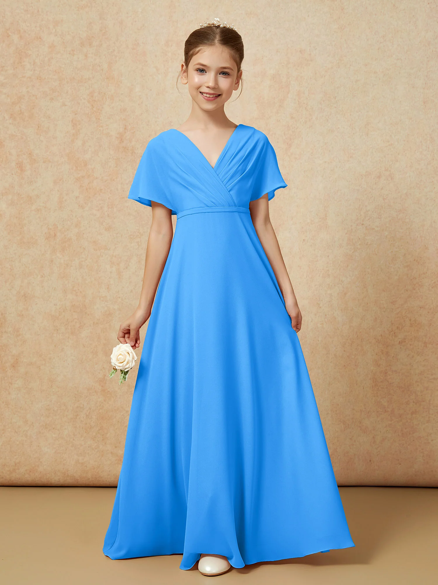 A-Line Flutter Sleeves Chiffon Junior Bridesmaid Dresses Ocean Blue - Image 5