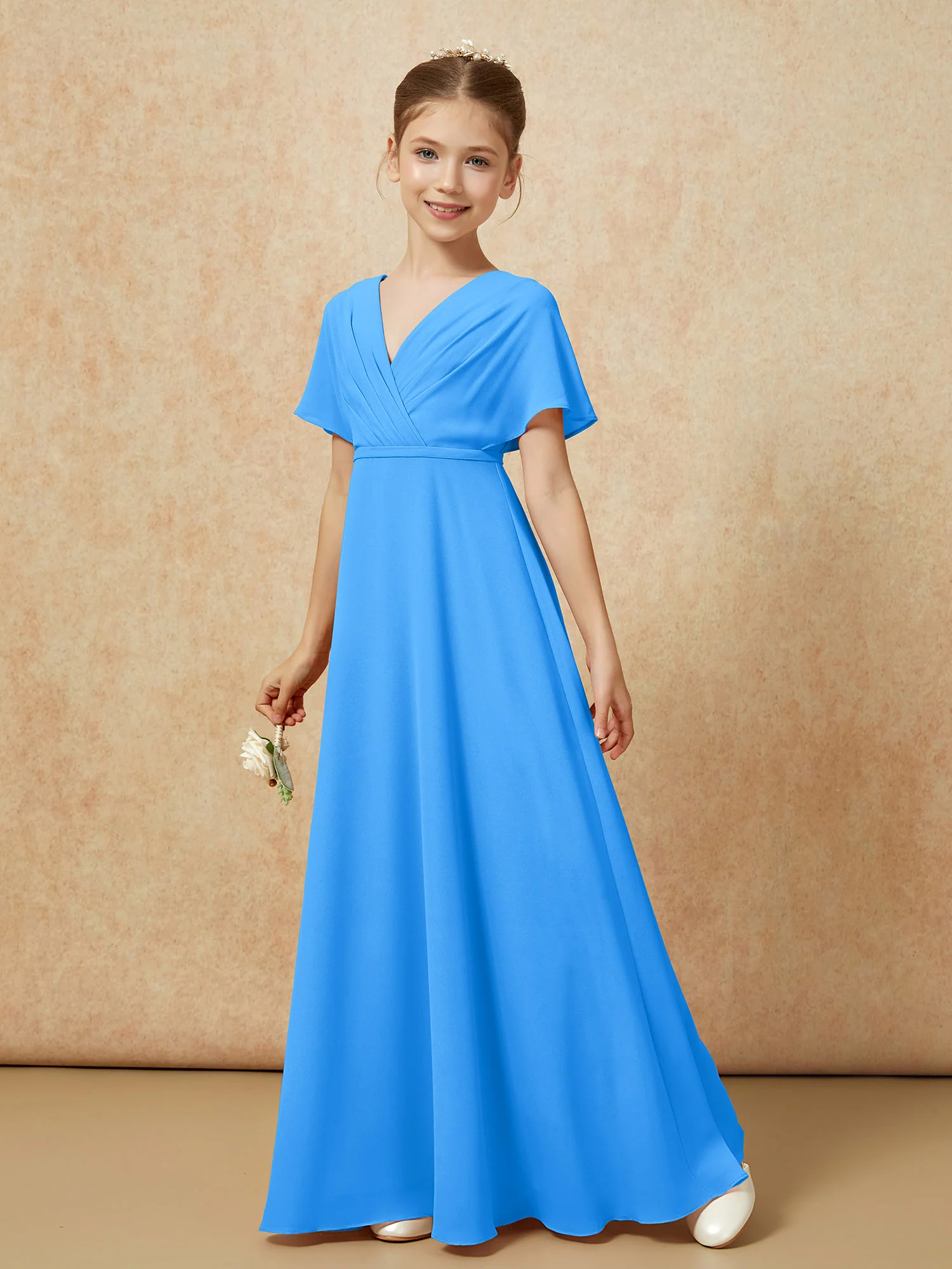 A-Line Flutter Sleeves Chiffon Junior Bridesmaid Dresses Ocean Blue - Image 6