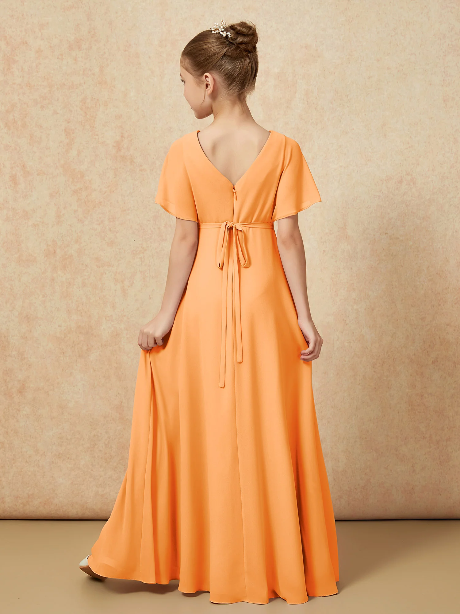 A-Line Flutter Sleeves Chiffon Junior Bridesmaid Dresses Orange - Image 2