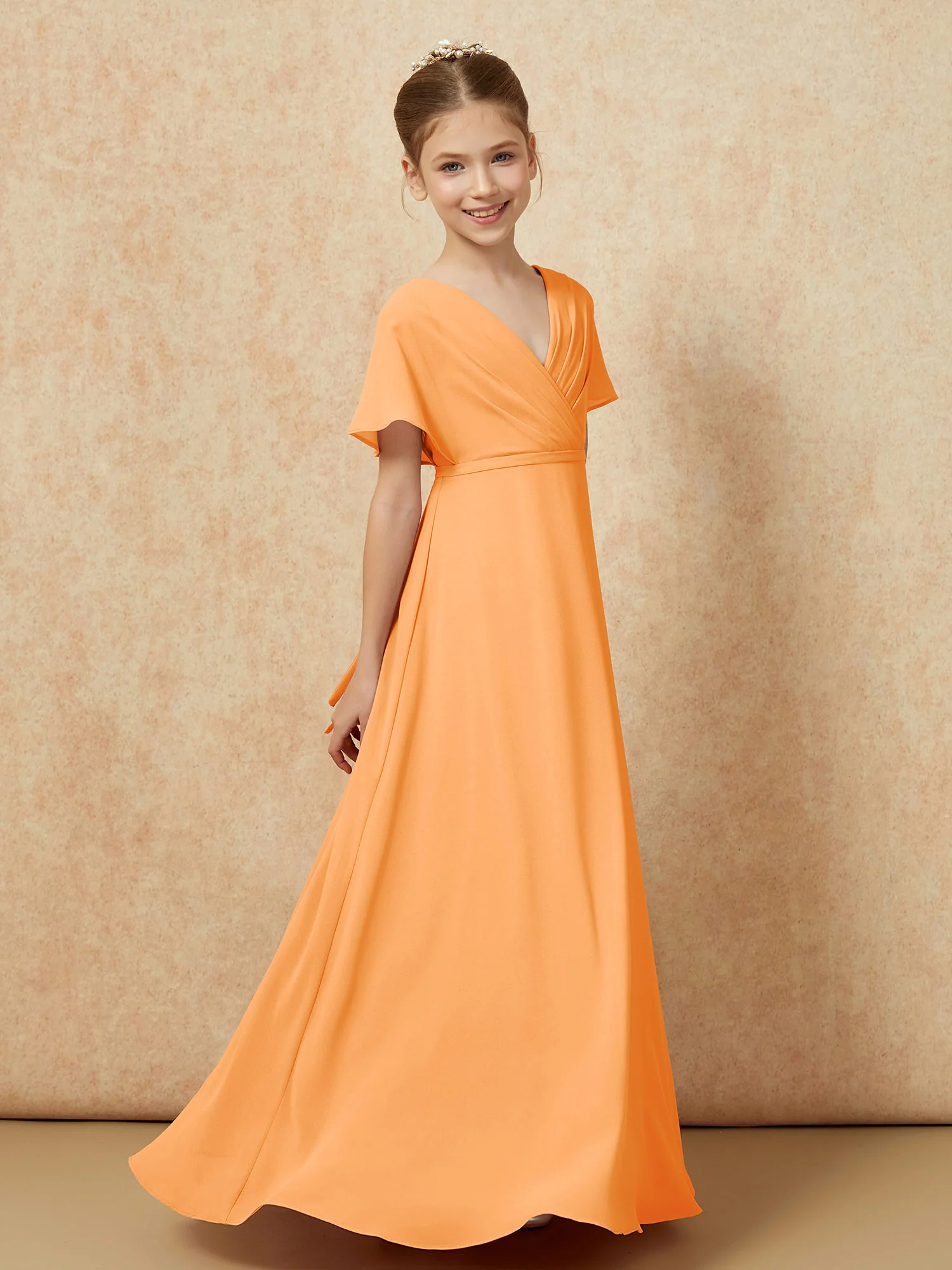 A-Line Flutter Sleeves Chiffon Junior Bridesmaid Dresses Orange - Image 3