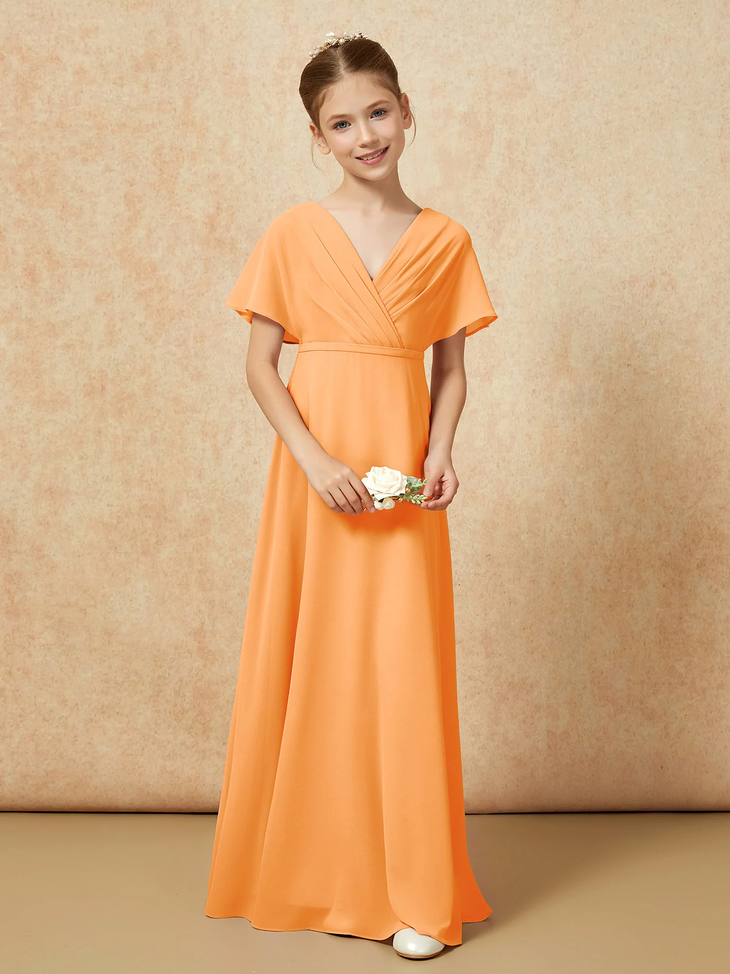 A-Line Flutter Sleeves Chiffon Junior Bridesmaid Dresses Orange - Image 4