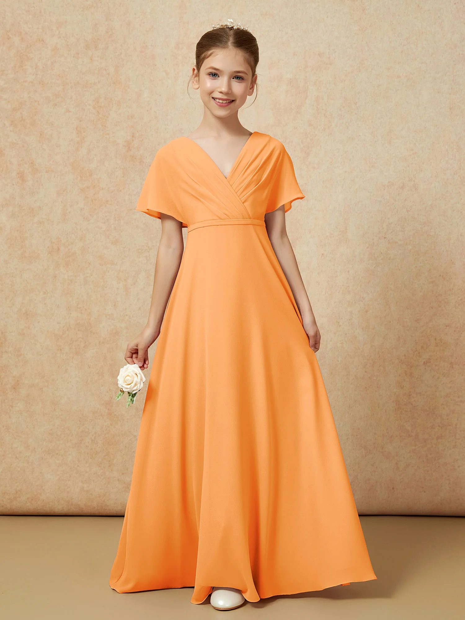 A-Line Flutter Sleeves Chiffon Junior Bridesmaid Dresses Orange - Image 5