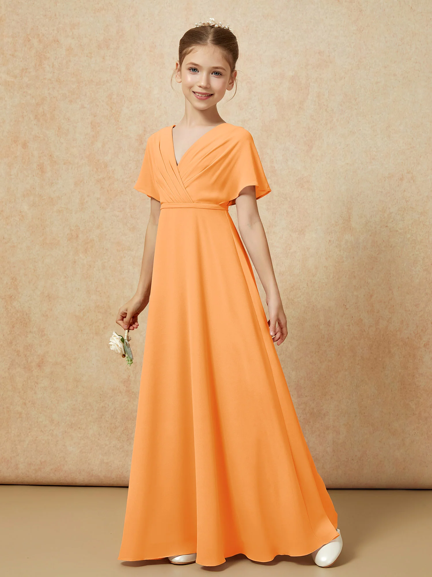 A-Line Flutter Sleeves Chiffon Junior Bridesmaid Dresses Orange - Image 6