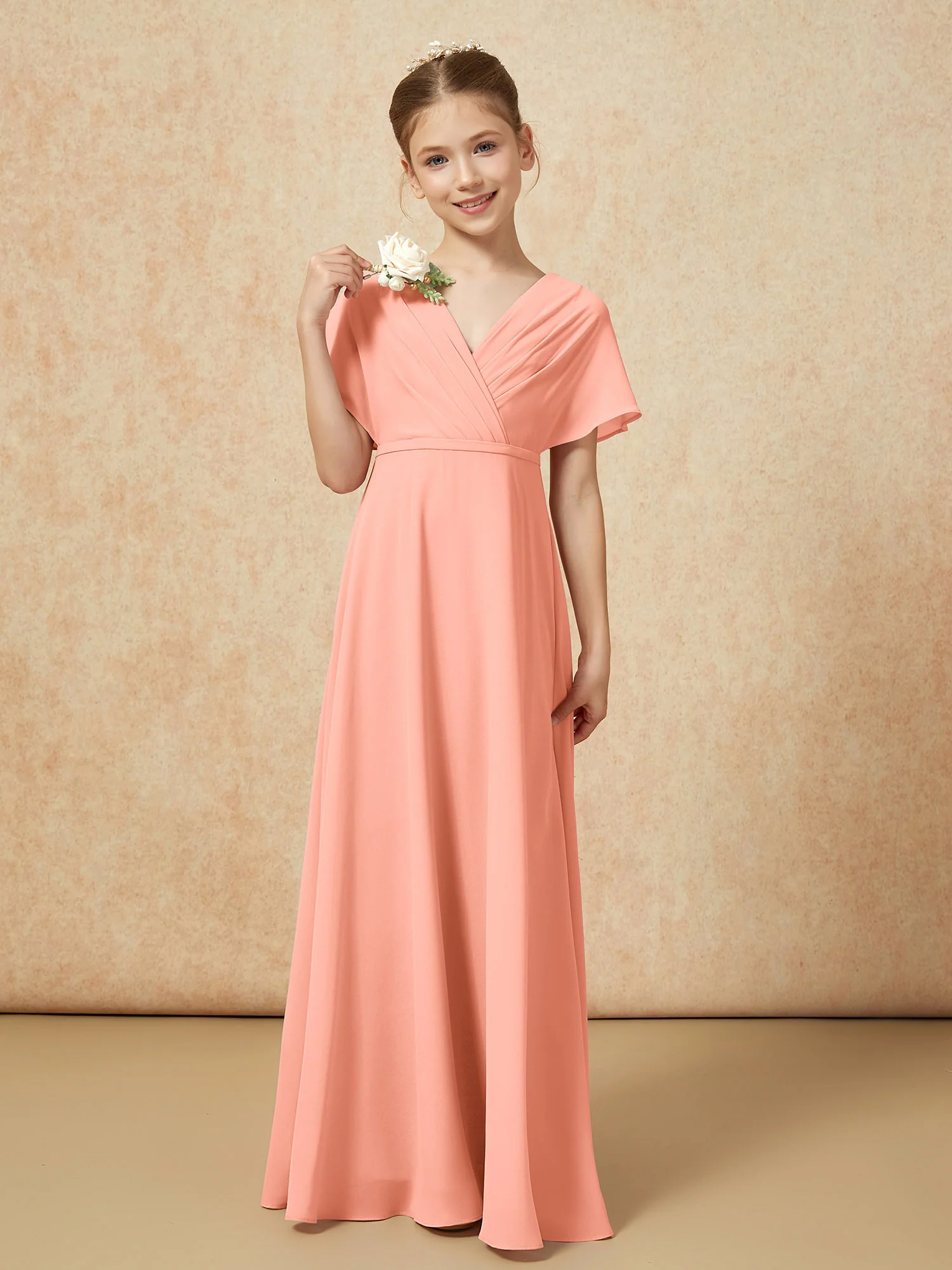 A-Line Flutter Sleeves Chiffon Junior Bridesmaid Dresses Papaya