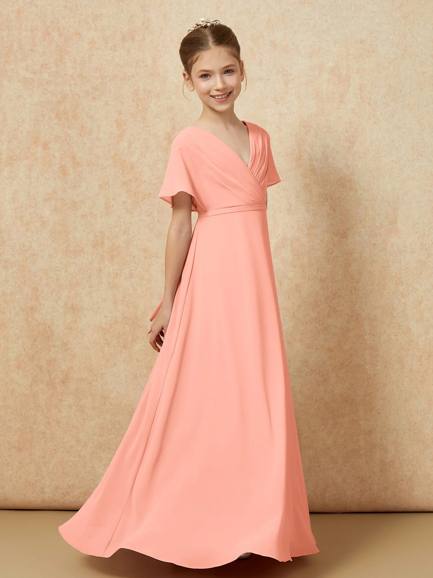 A-Line Flutter Sleeves Chiffon Junior Bridesmaid Dresses Papaya - Image 3