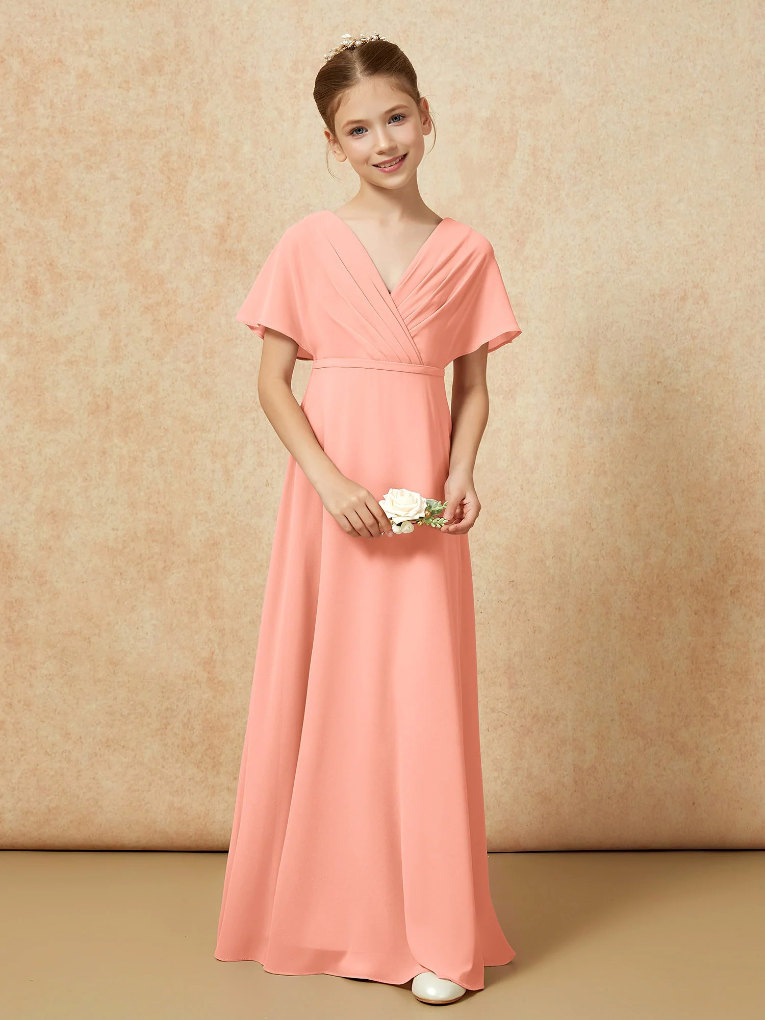 A-Line Flutter Sleeves Chiffon Junior Bridesmaid Dresses Papaya - Image 4