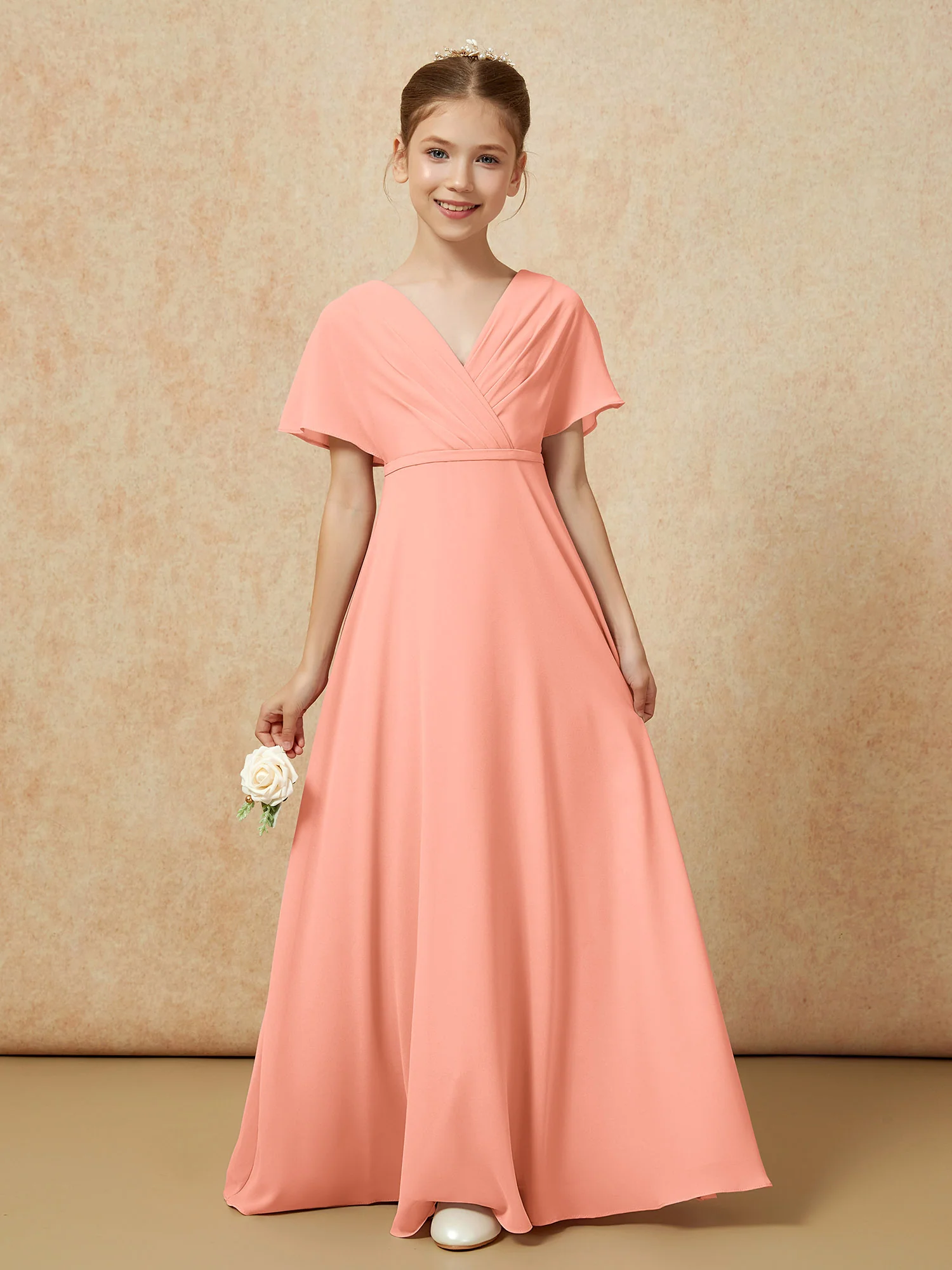 A-Line Flutter Sleeves Chiffon Junior Bridesmaid Dresses Papaya - Image 5
