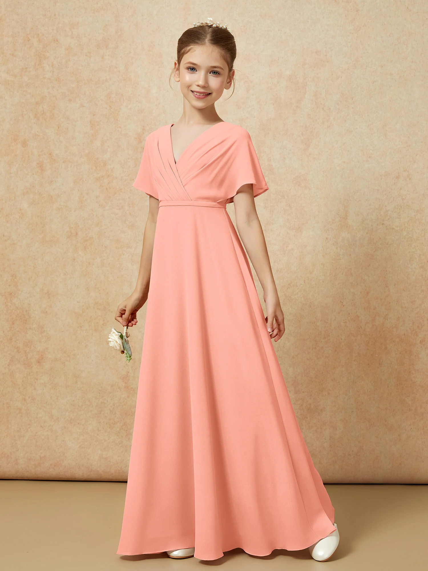 A-Line Flutter Sleeves Chiffon Junior Bridesmaid Dresses Papaya - Image 6
