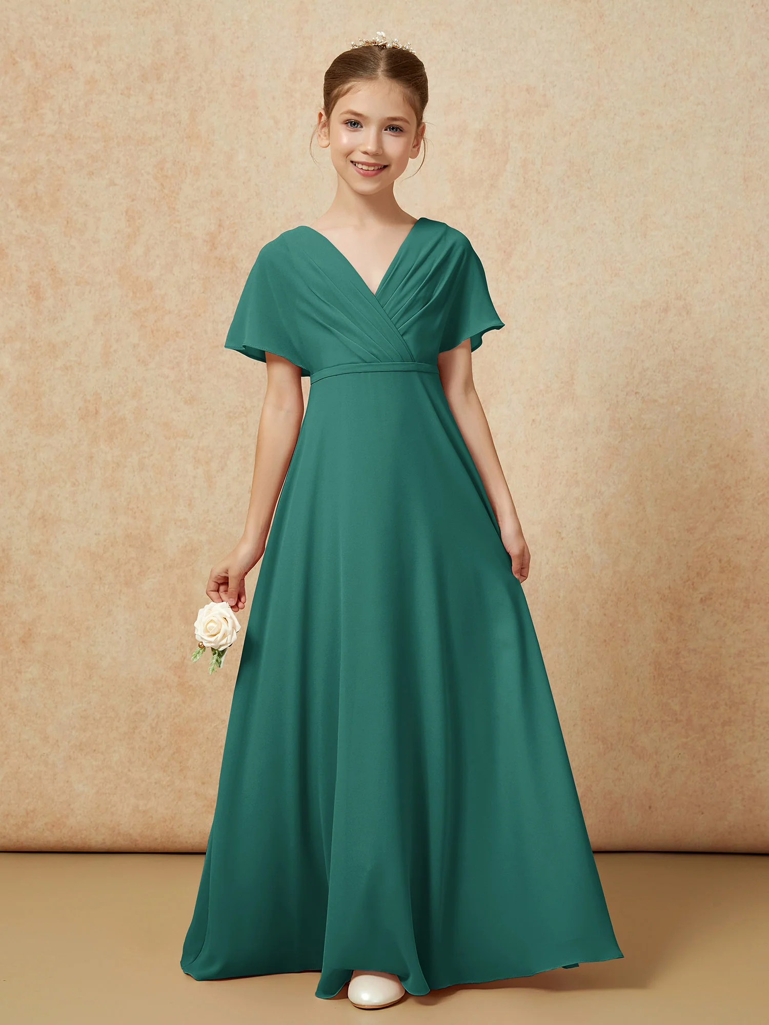 A-Line Flutter Sleeves Chiffon Junior Bridesmaid Dresses Peacock - Image 5