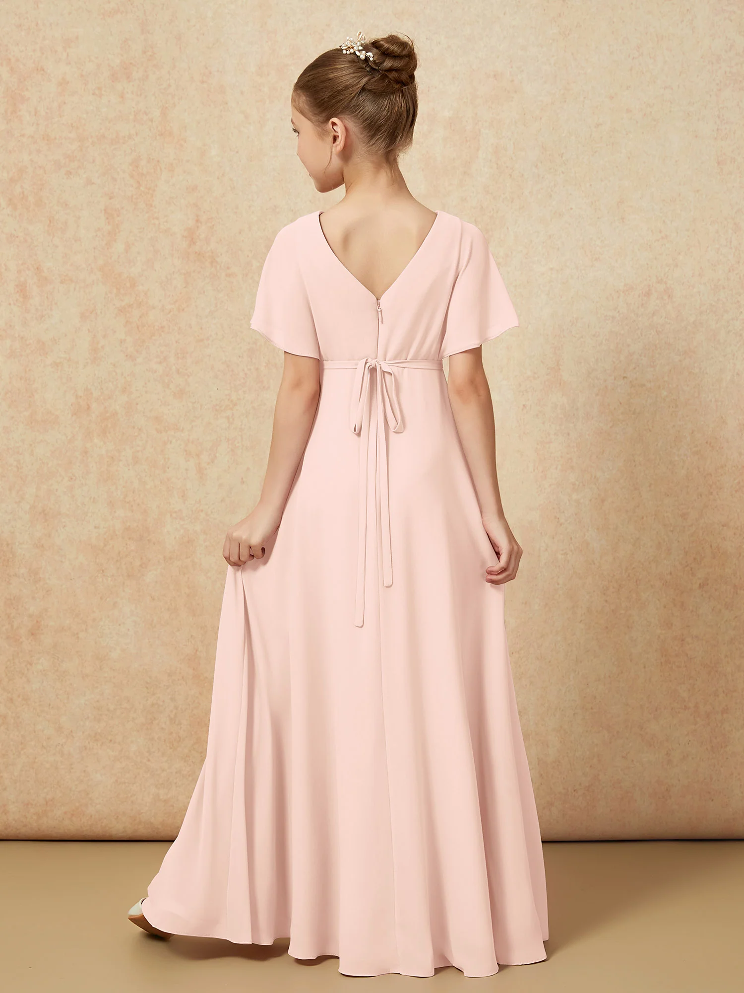 A-Line Flutter Sleeves Chiffon Junior Bridesmaid Dresses Pearl Pink - Image 2