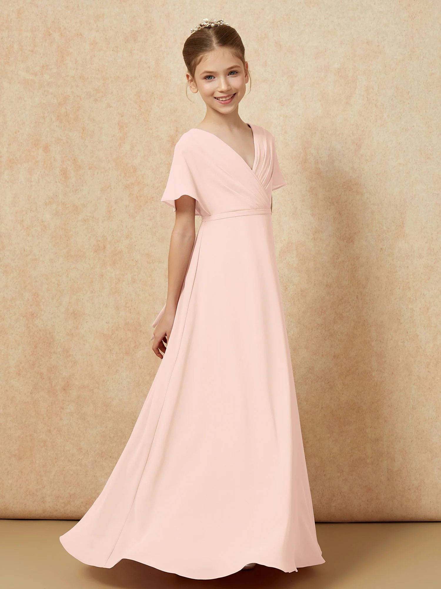 A-Line Flutter Sleeves Chiffon Junior Bridesmaid Dresses Pearl Pink - Image 3