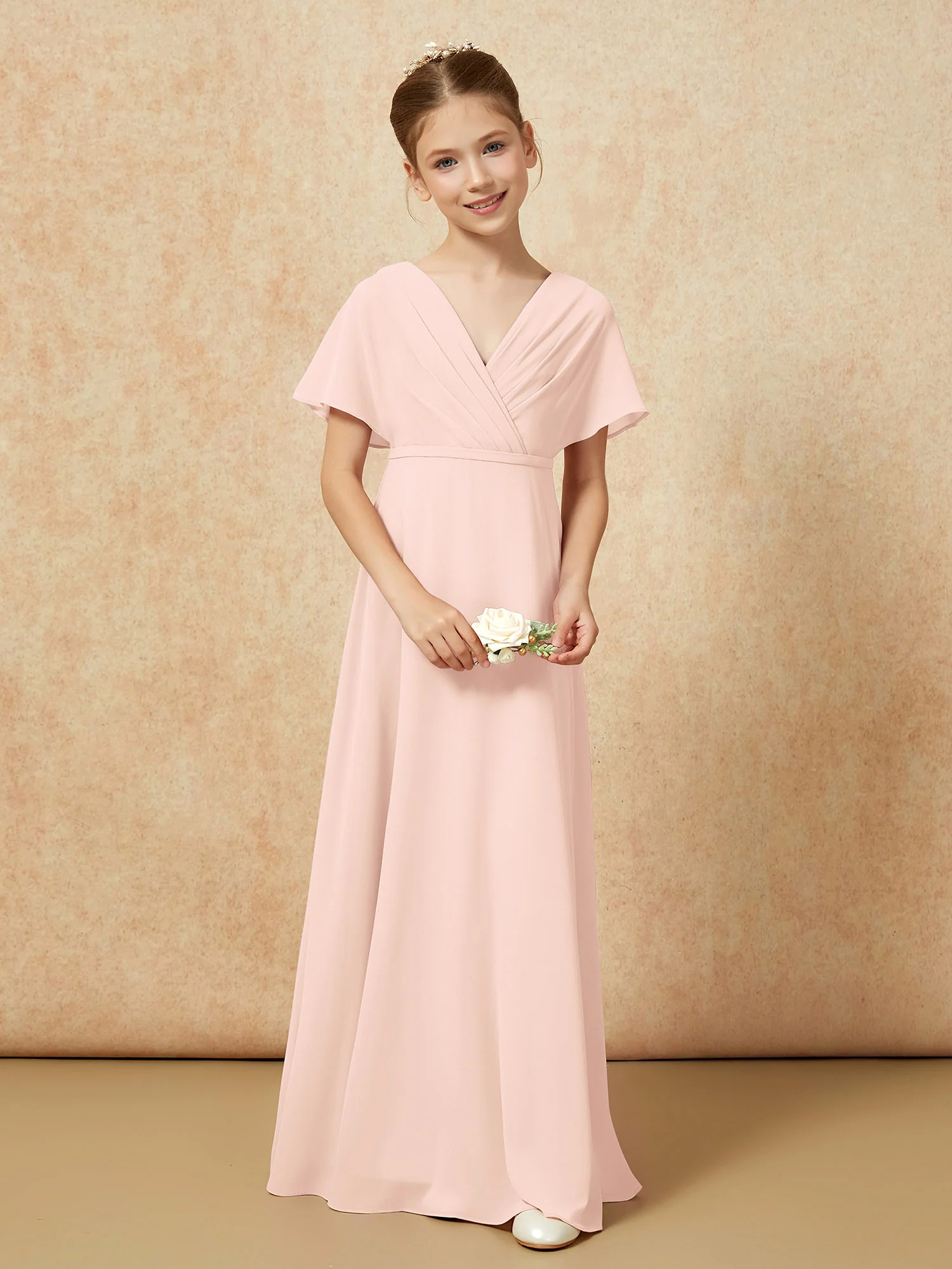 A-Line Flutter Sleeves Chiffon Junior Bridesmaid Dresses Pearl Pink - Image 4