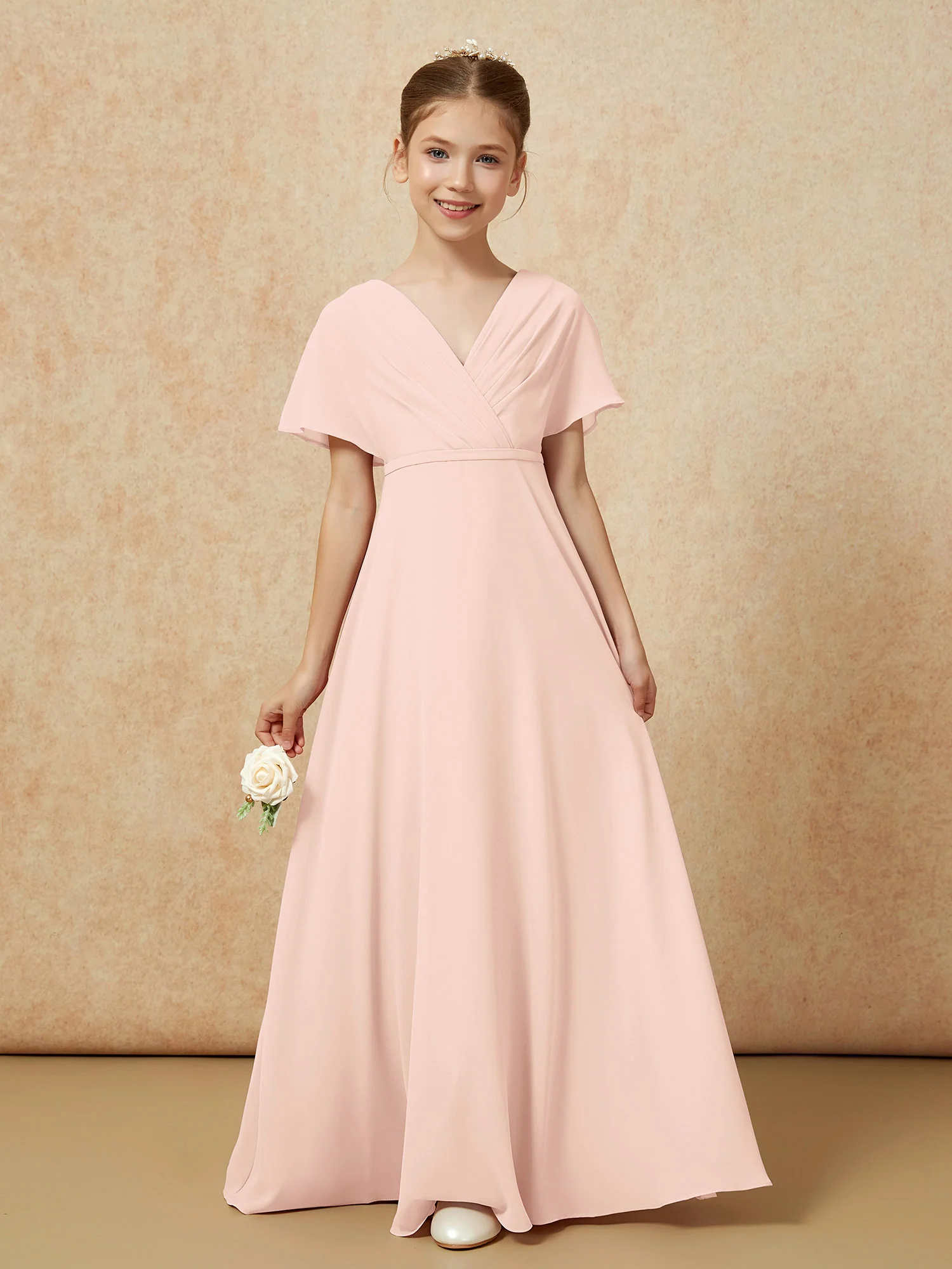 A-Line Flutter Sleeves Chiffon Junior Bridesmaid Dresses Pearl Pink - Image 5