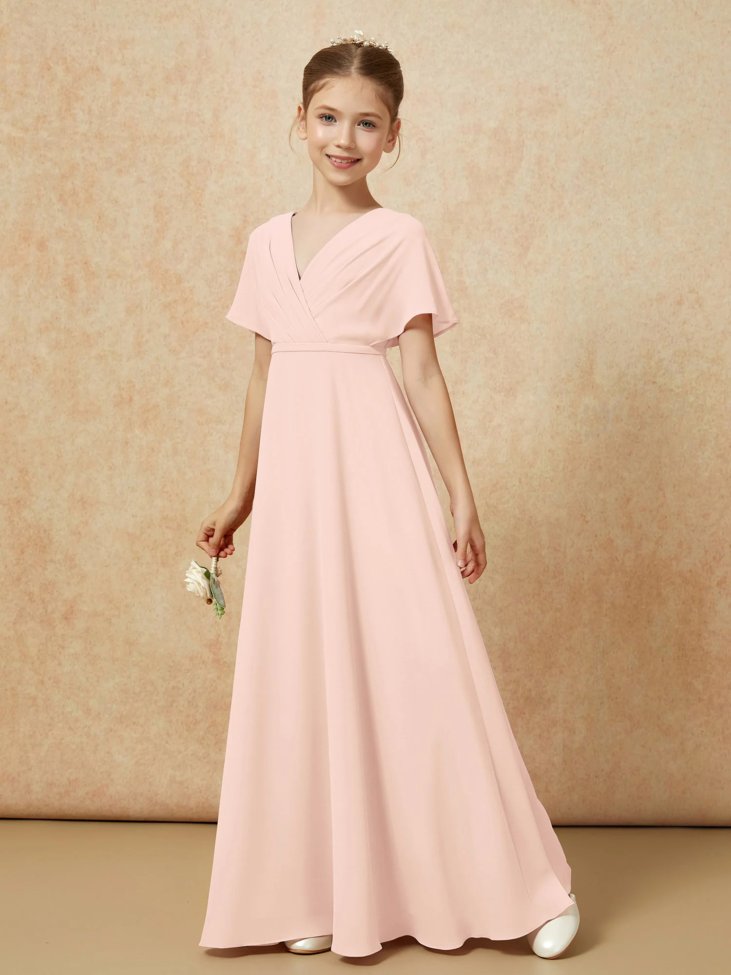 A-Line Flutter Sleeves Chiffon Junior Bridesmaid Dresses Pearl Pink - Image 6