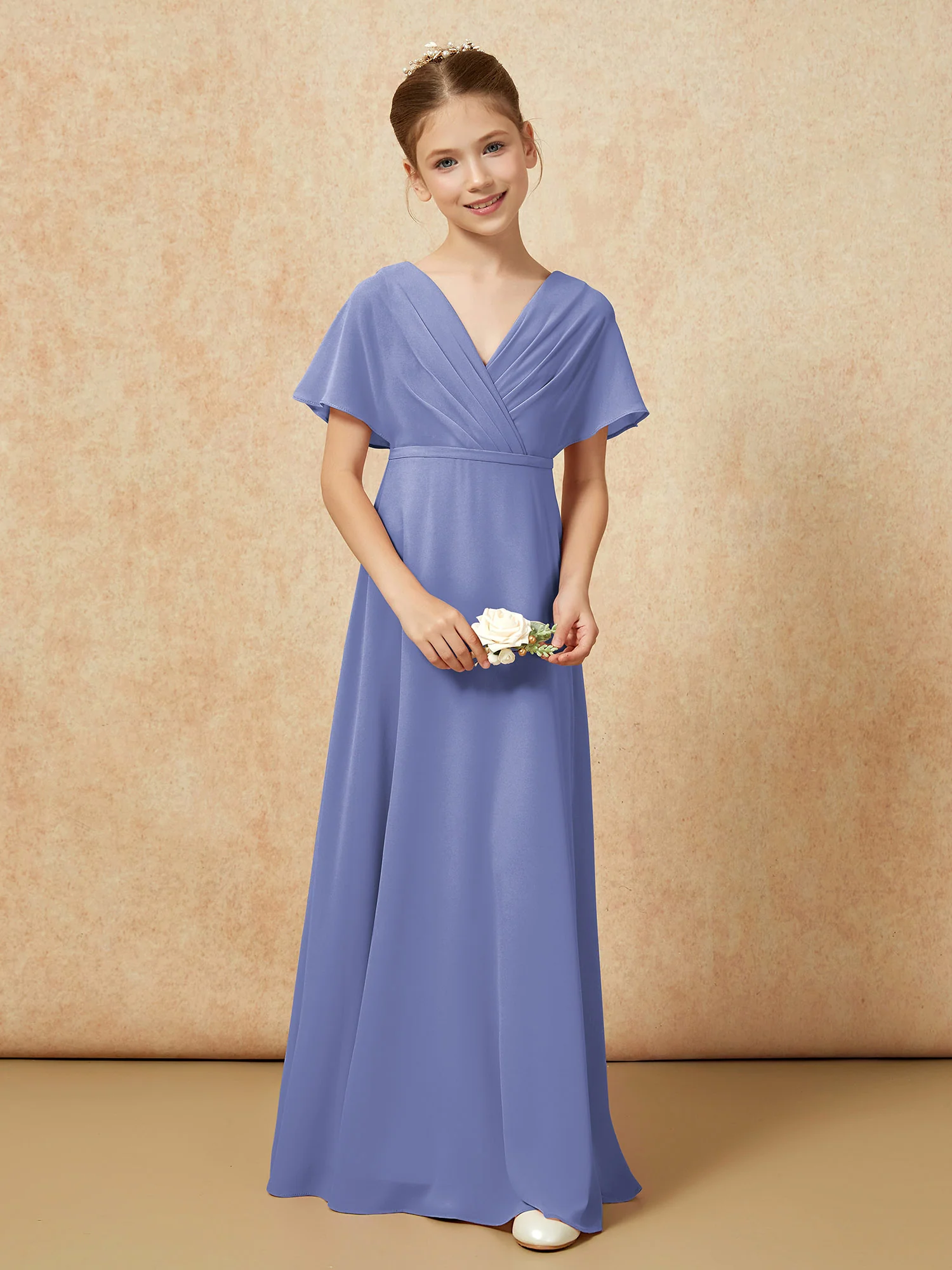 A-Line Flutter Sleeves Chiffon Junior Bridesmaid Dresses Periwinkle - Image 4