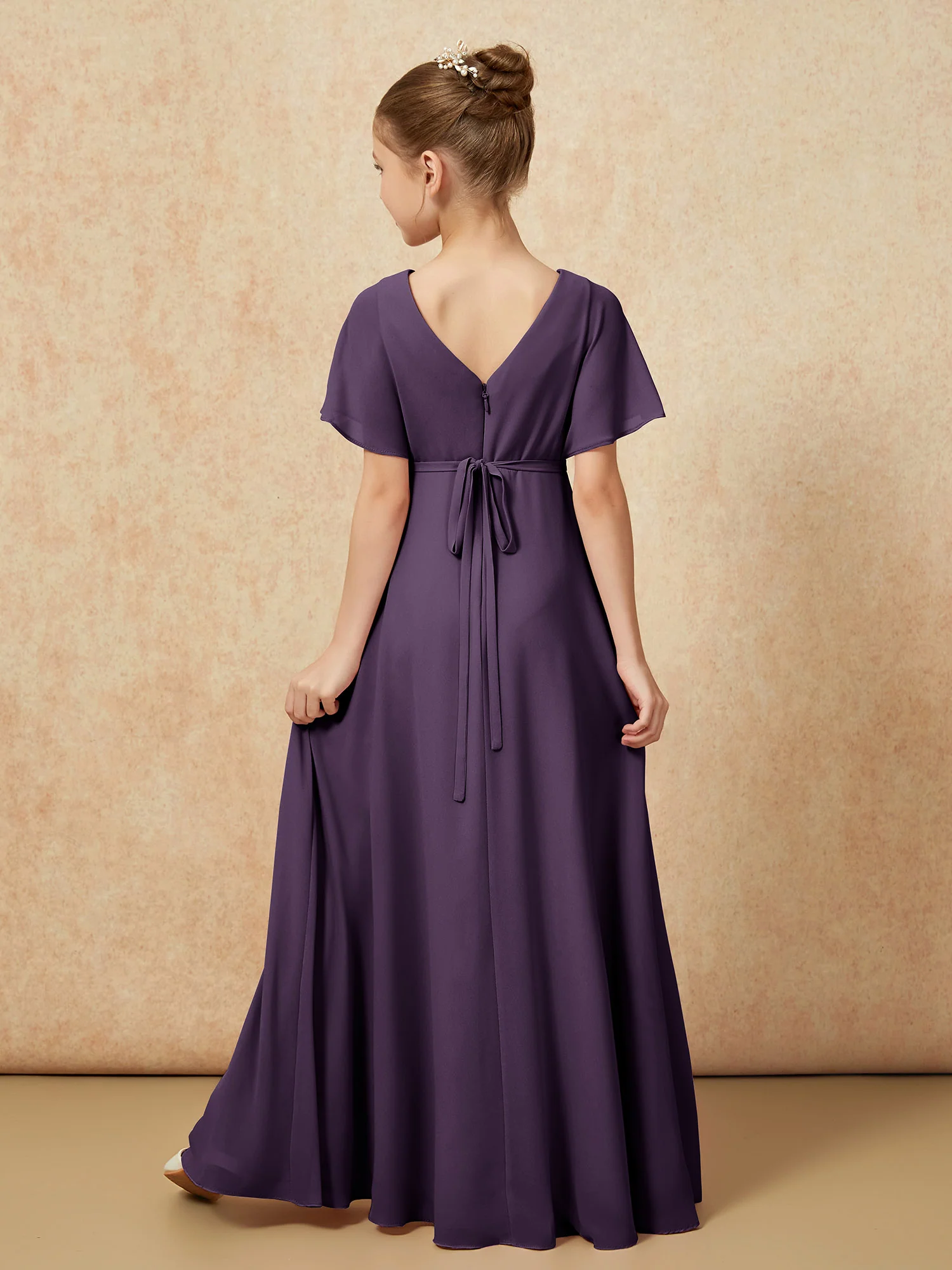 A-Line Flutter Sleeves Chiffon Junior Bridesmaid Dresses Plum - Image 2