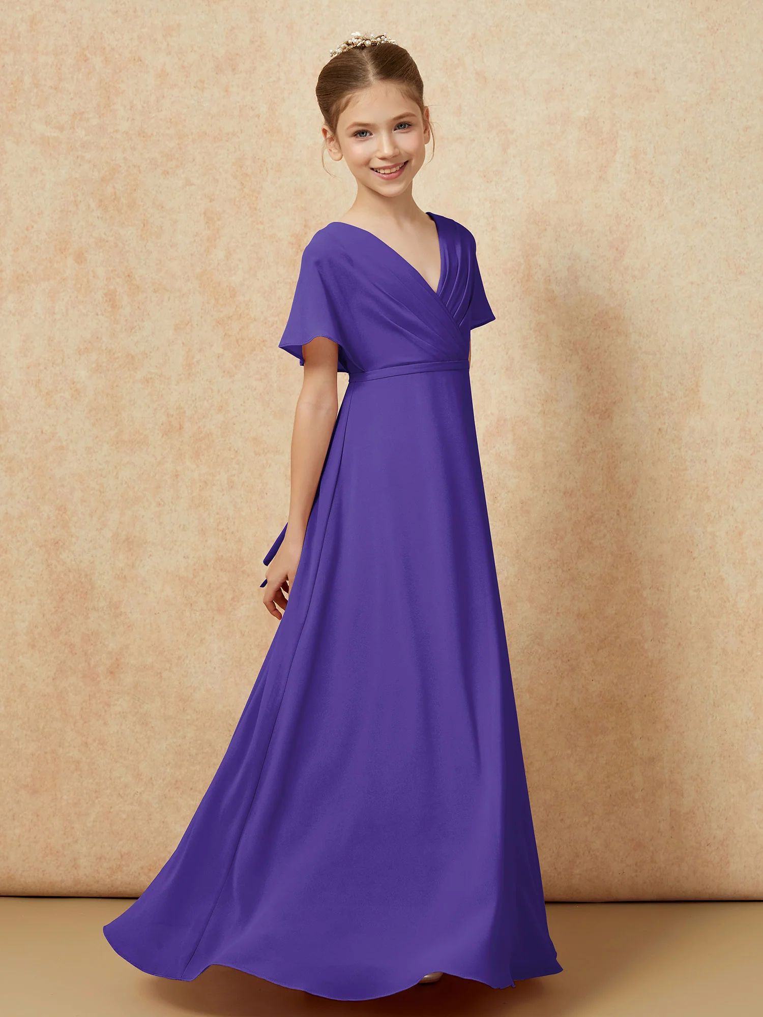 A-Line Flutter Sleeves Chiffon Junior Bridesmaid Dresses Regency - Image 3