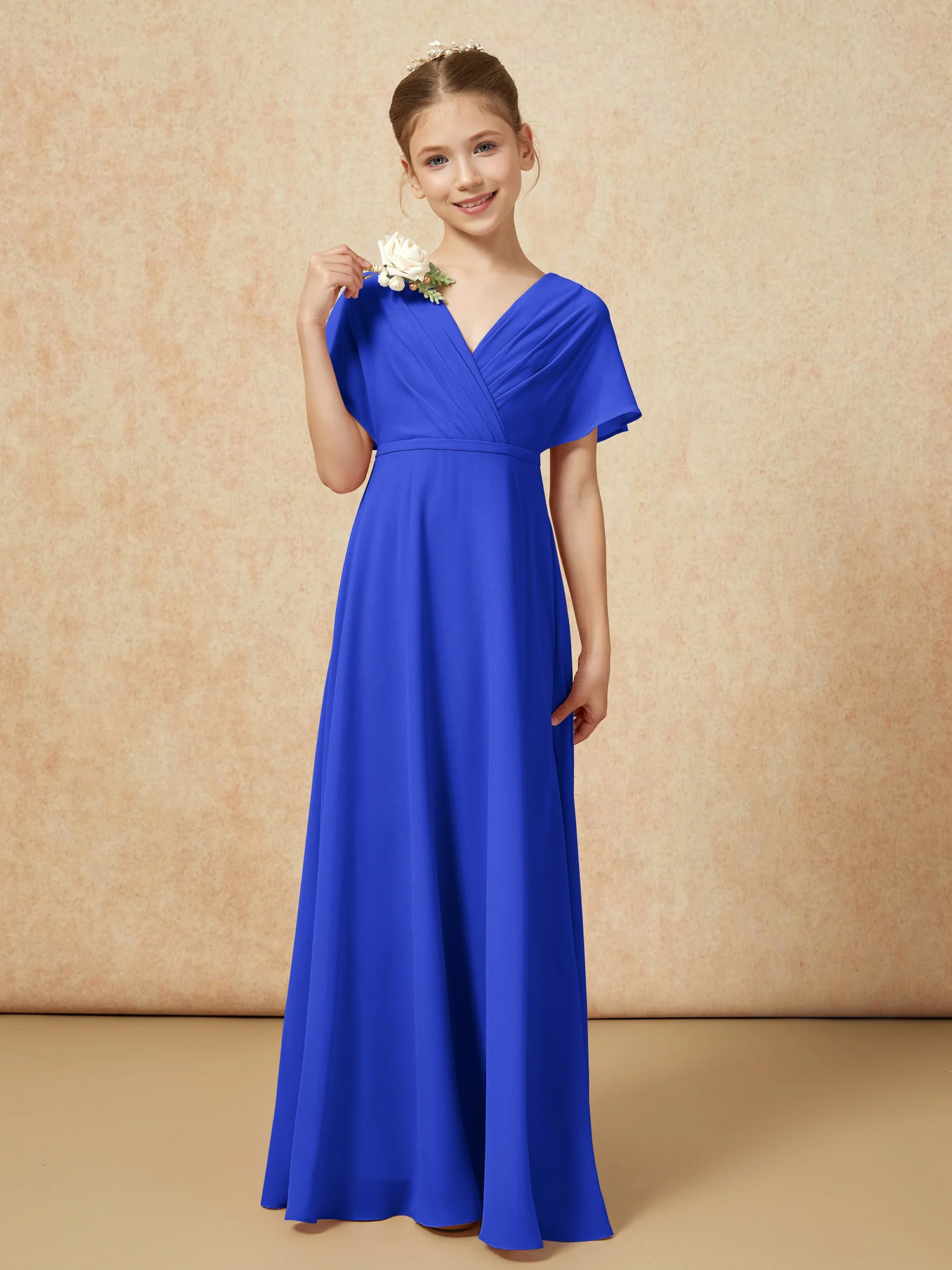 A-Line Flutter Sleeves Chiffon Junior Bridesmaid Dresses Royal Blue