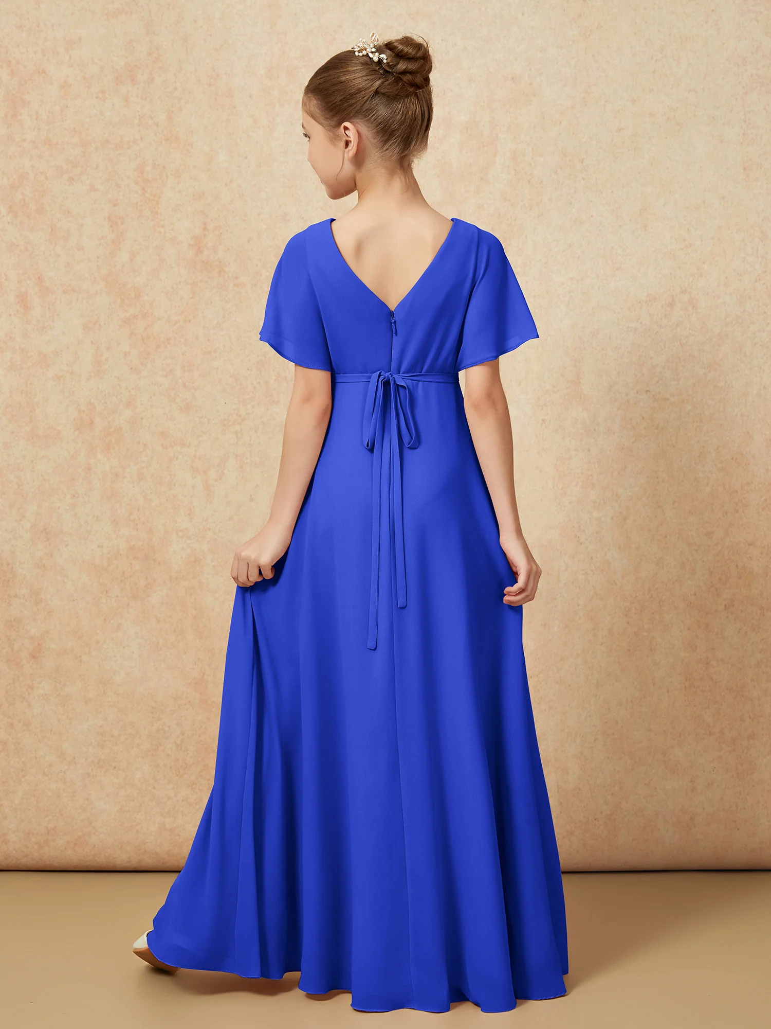 A-Line Flutter Sleeves Chiffon Junior Bridesmaid Dresses Royal Blue - Image 2
