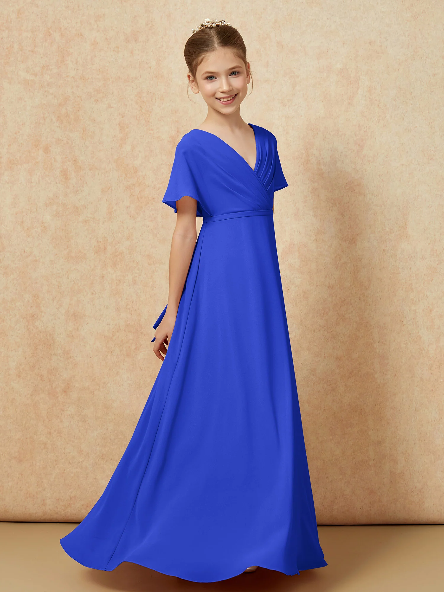 A-Line Flutter Sleeves Chiffon Junior Bridesmaid Dresses Royal Blue - Image 3