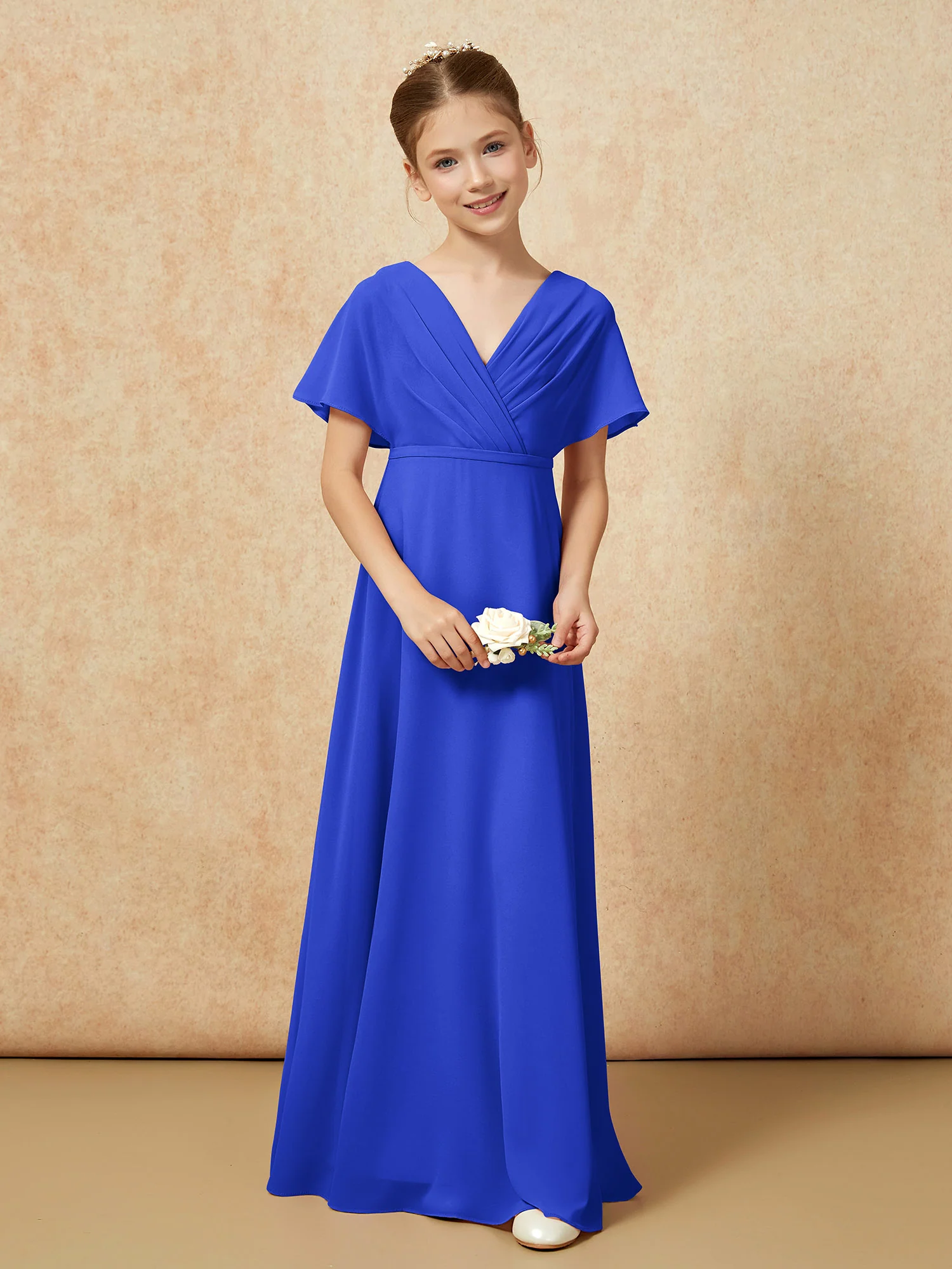A-Line Flutter Sleeves Chiffon Junior Bridesmaid Dresses Royal Blue - Image 4