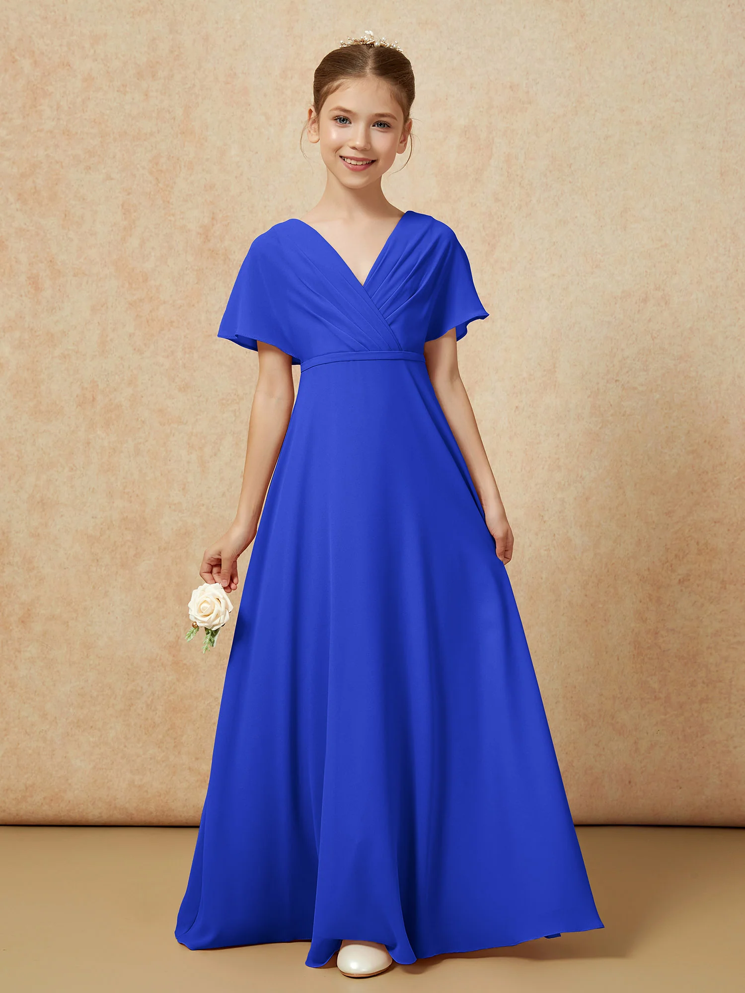A-Line Flutter Sleeves Chiffon Junior Bridesmaid Dresses Royal Blue - Image 5