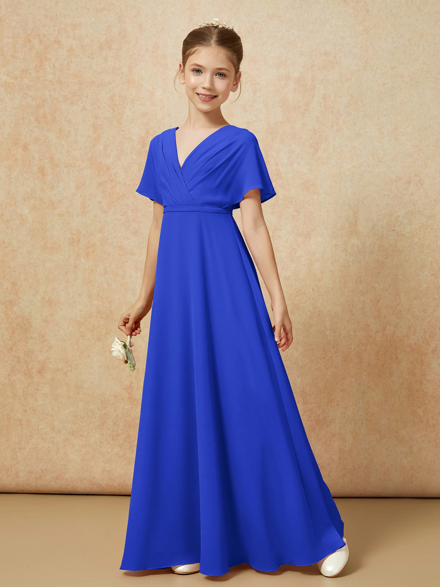 A-Line Flutter Sleeves Chiffon Junior Bridesmaid Dresses Royal Blue - Image 6