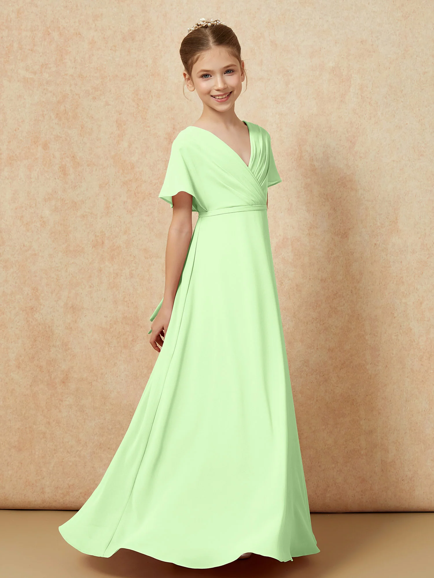 A-Line Flutter Sleeves Chiffon Junior Bridesmaid Dresses Sage - Image 3