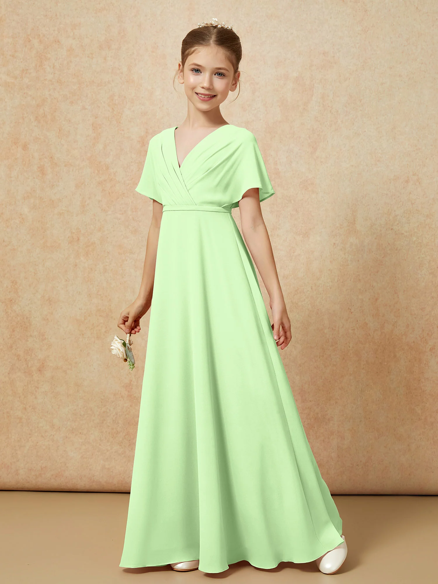 A-Line Flutter Sleeves Chiffon Junior Bridesmaid Dresses Sage - Image 6
