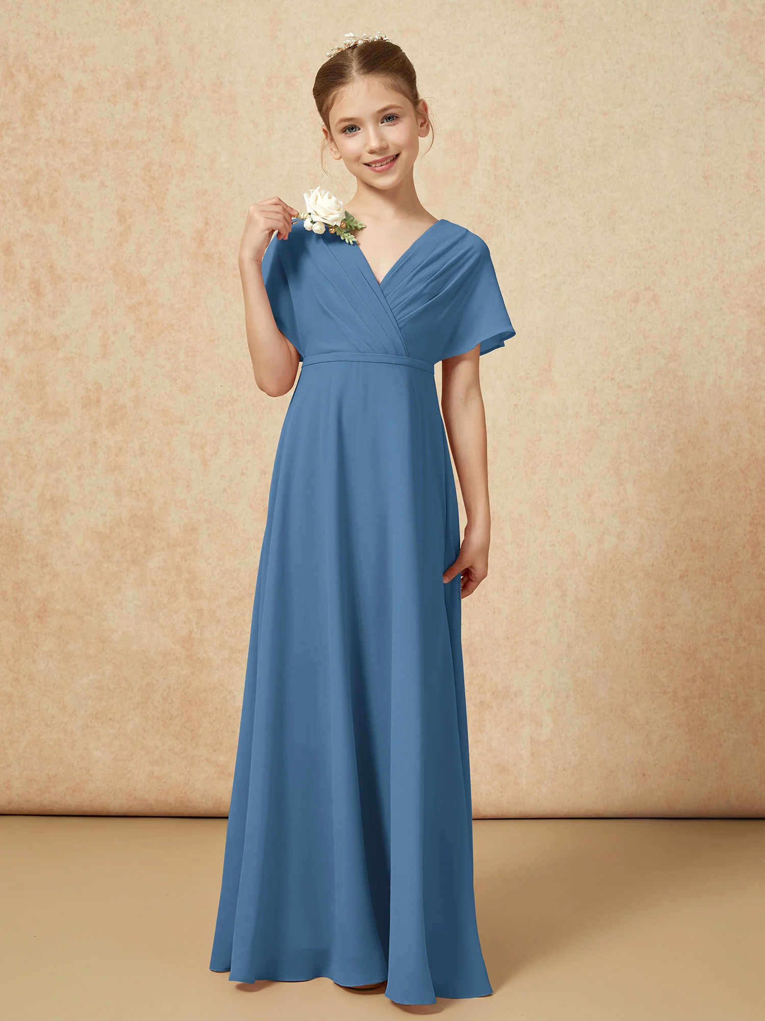 A-Line Flutter Sleeves Chiffon Junior Bridesmaid Dresses Slate Blue