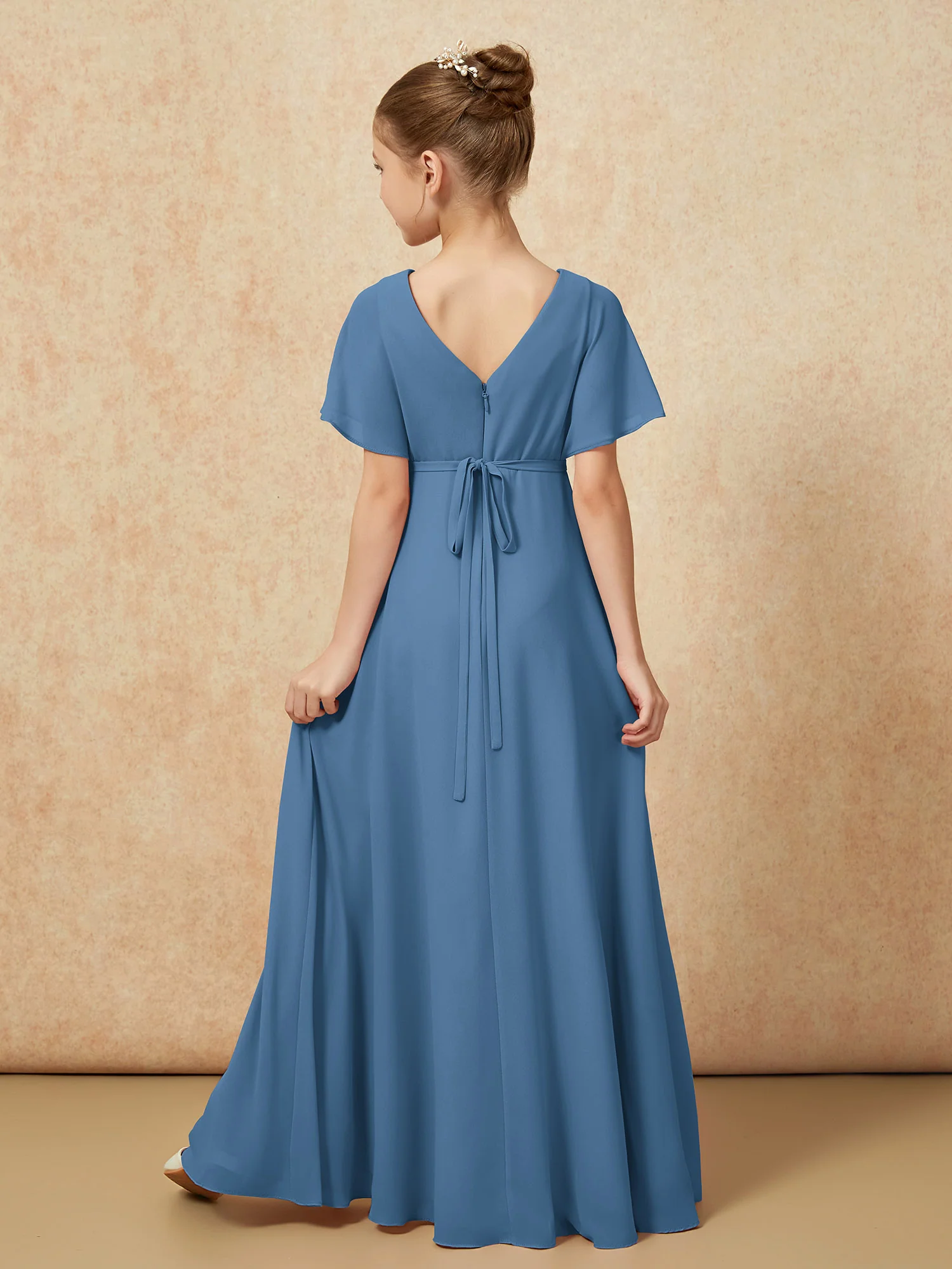 A-Line Flutter Sleeves Chiffon Junior Bridesmaid Dresses Slate Blue - Image 2