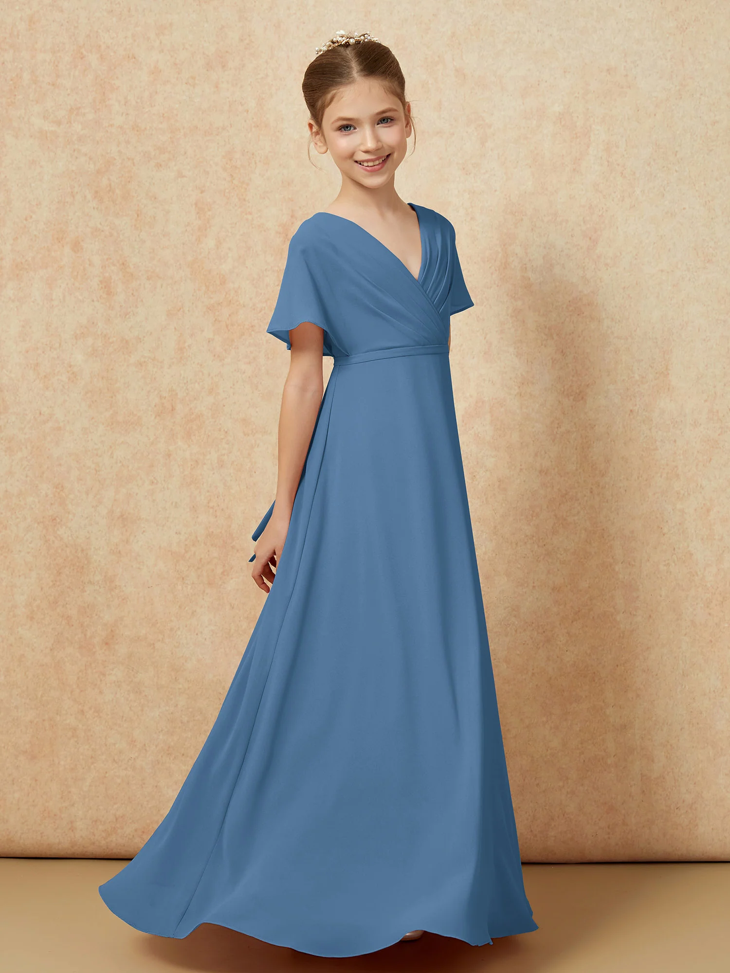 A-Line Flutter Sleeves Chiffon Junior Bridesmaid Dresses Slate Blue - Image 3