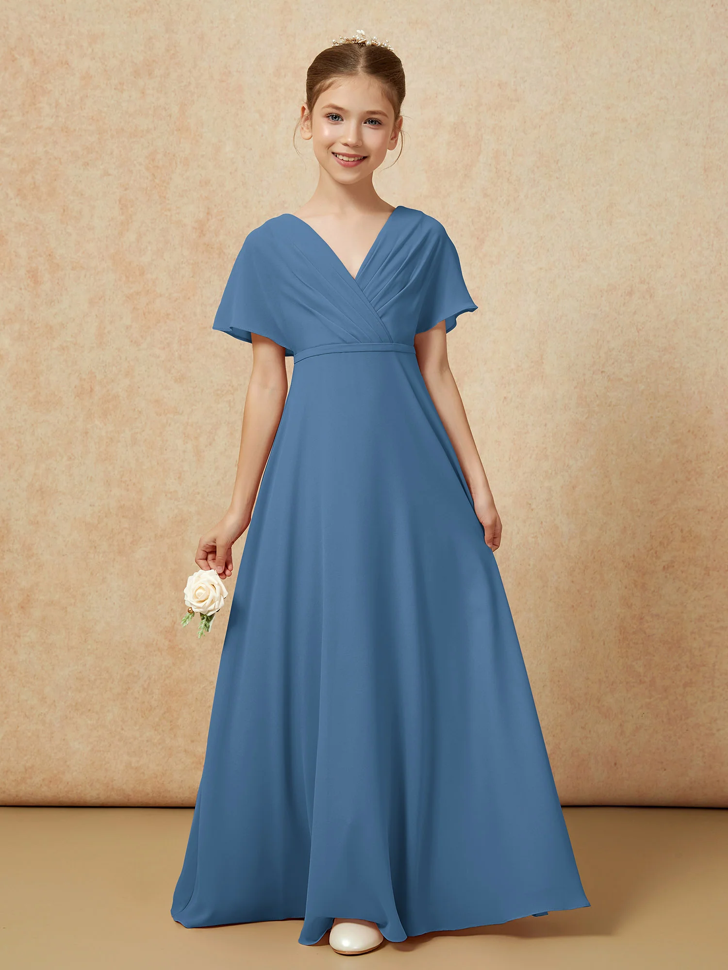 A-Line Flutter Sleeves Chiffon Junior Bridesmaid Dresses Slate Blue - Image 5
