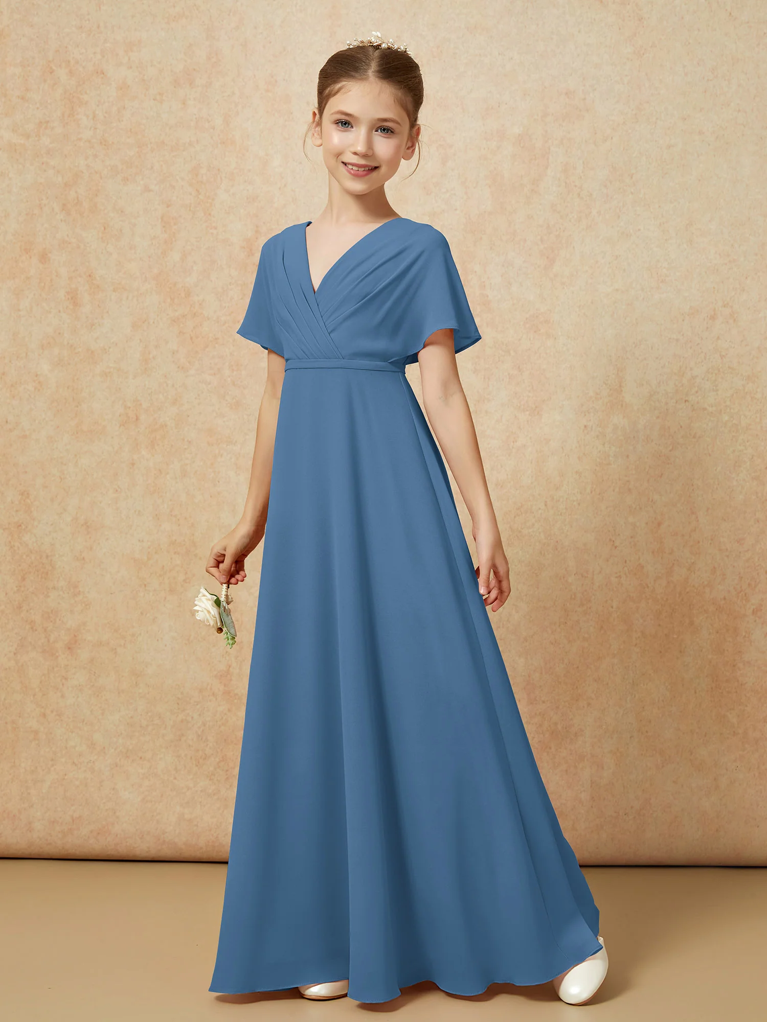 A-Line Flutter Sleeves Chiffon Junior Bridesmaid Dresses Slate Blue - Image 6