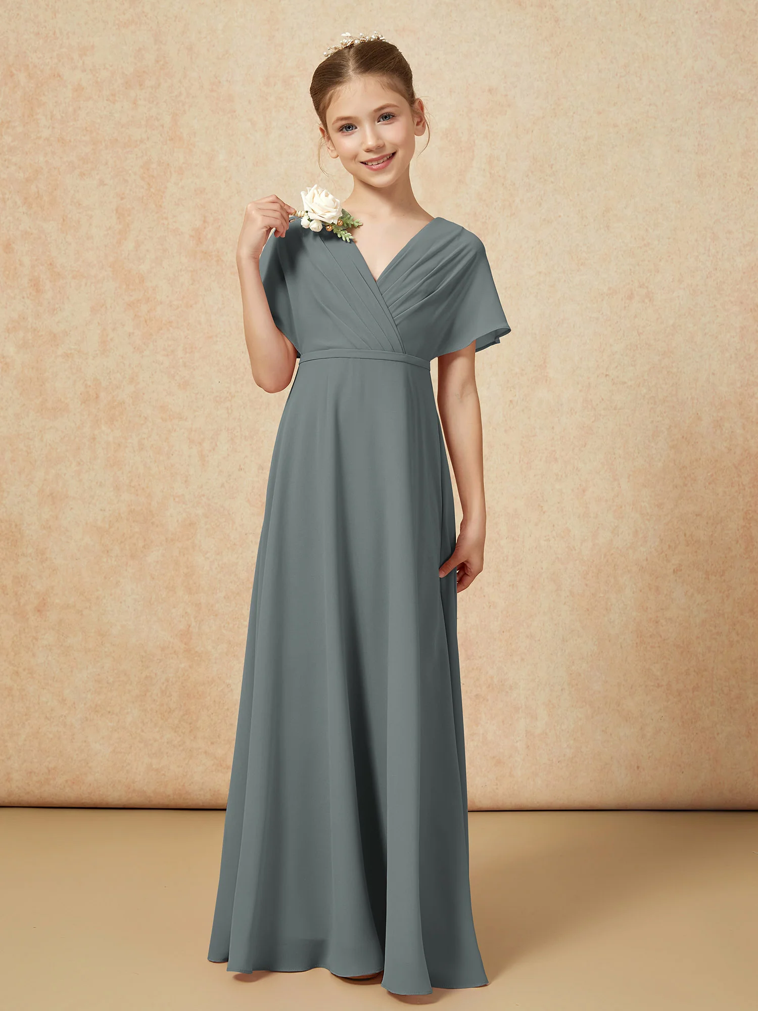 A-Line Flutter Sleeves Chiffon Junior Bridesmaid Dresses Steel Grey