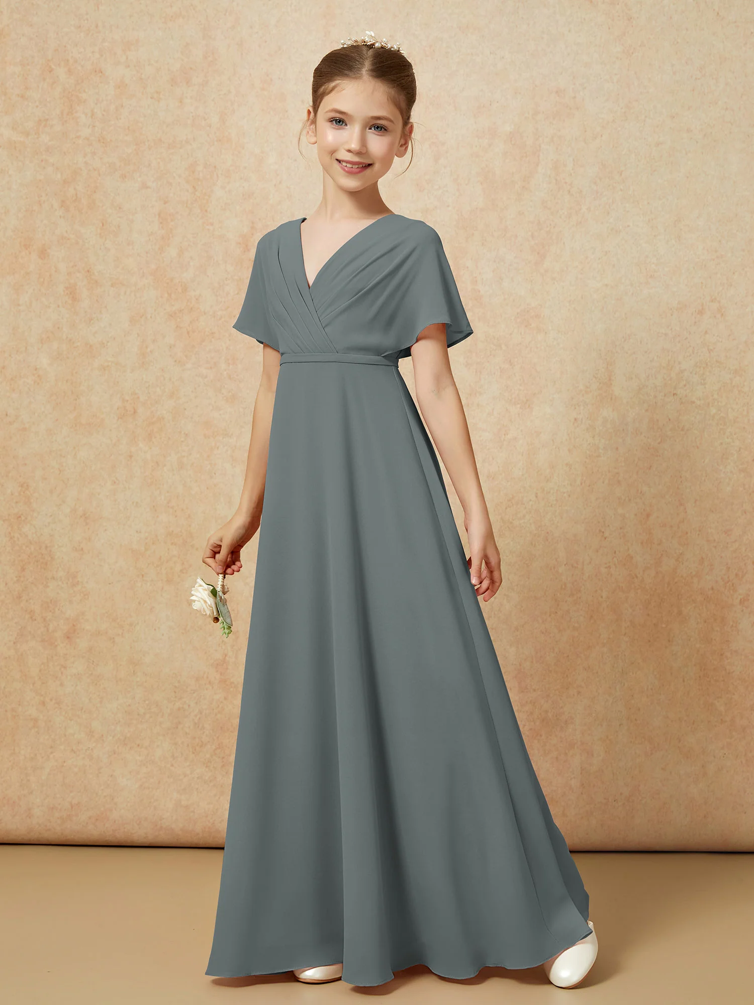 A-Line Flutter Sleeves Chiffon Junior Bridesmaid Dresses Steel Grey - Image 6