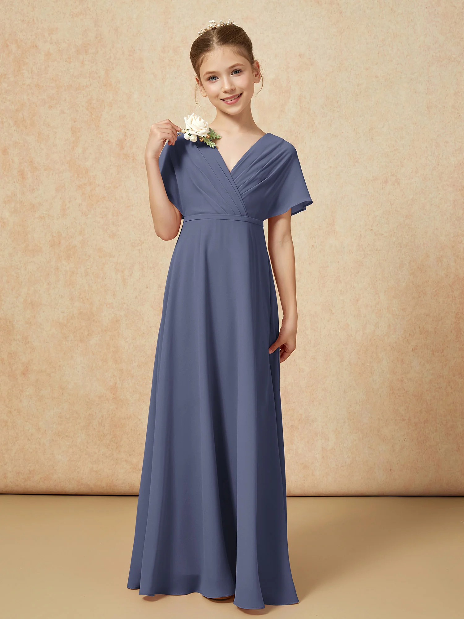 A-Line Flutter Sleeves Chiffon Junior Bridesmaid Dresses Stormy